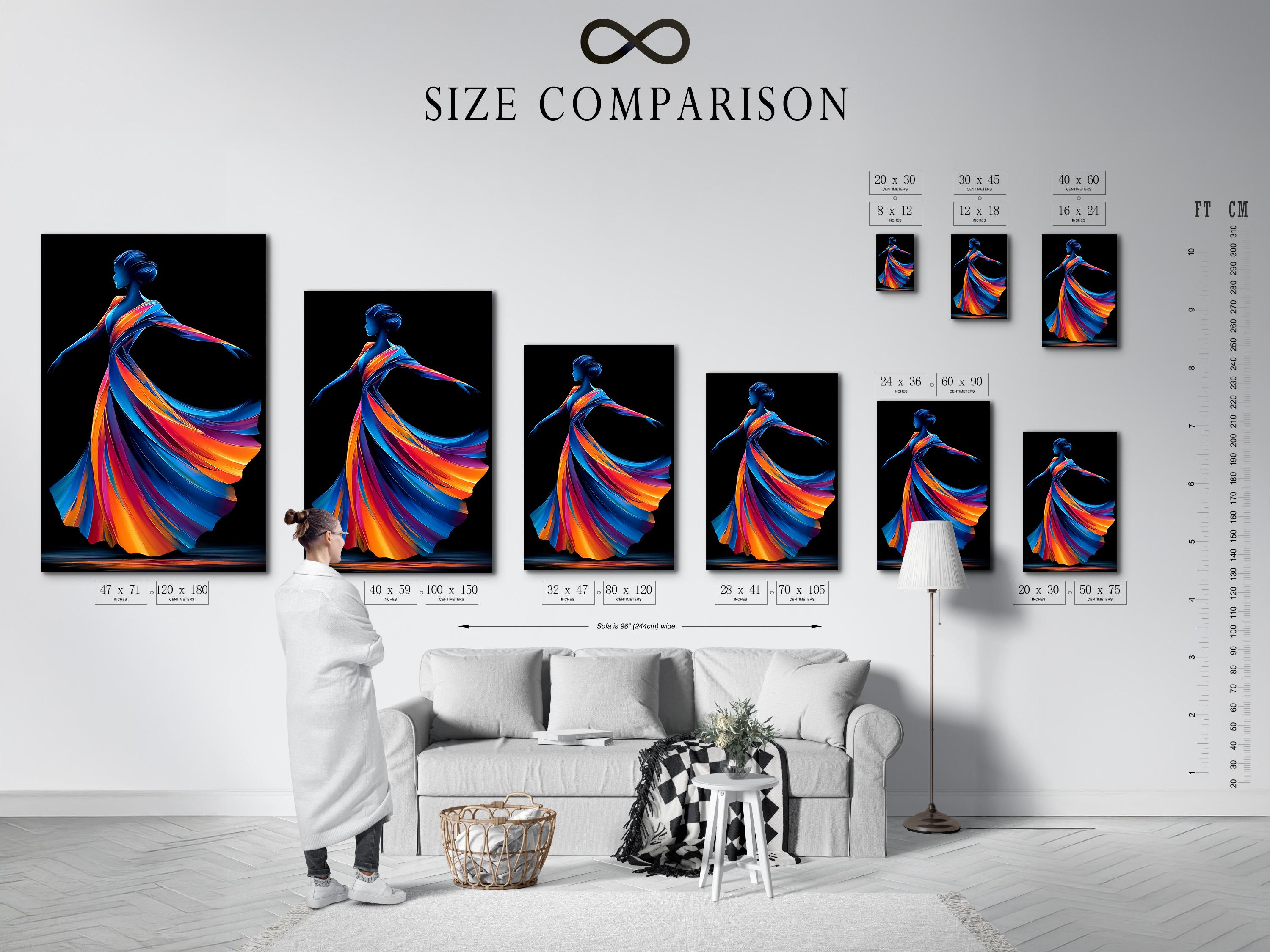 Wall mockup showing a framed abstract woman profile artwork with rainbow ribbon hair