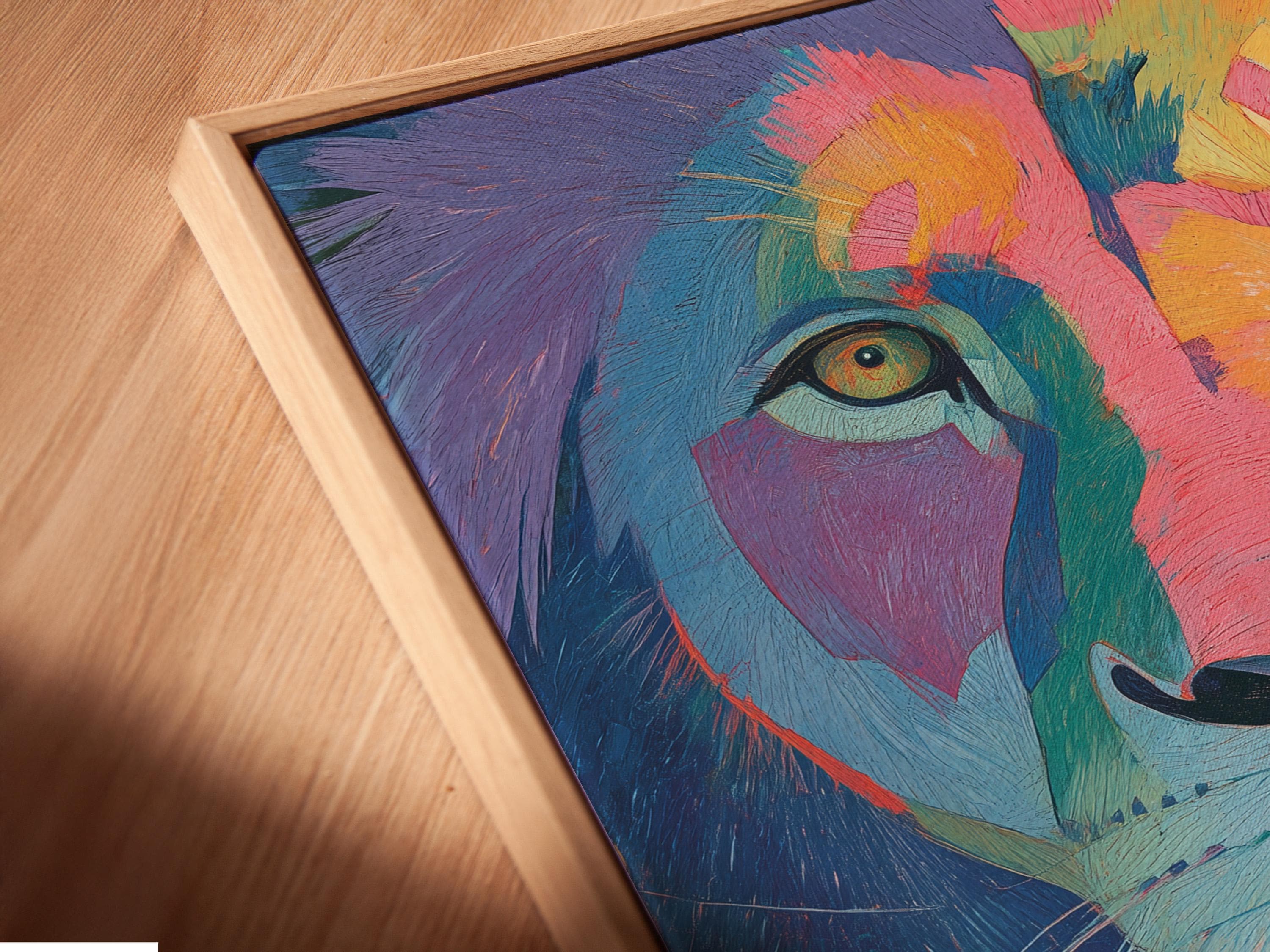 Lion wall art mockup with framed lion portrait in hot pink, blue and teal tones