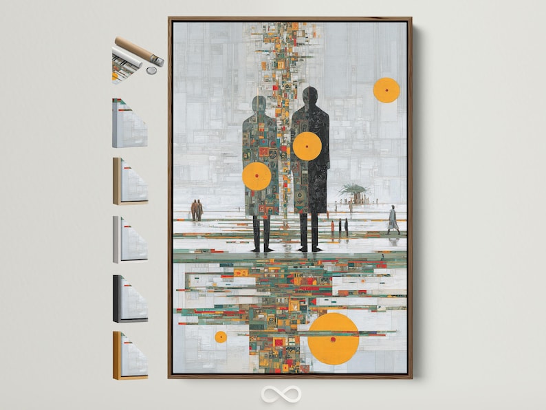 Stylised human figures on a light grey grid background with mustard-yellow circles and colourful mosaic tiles