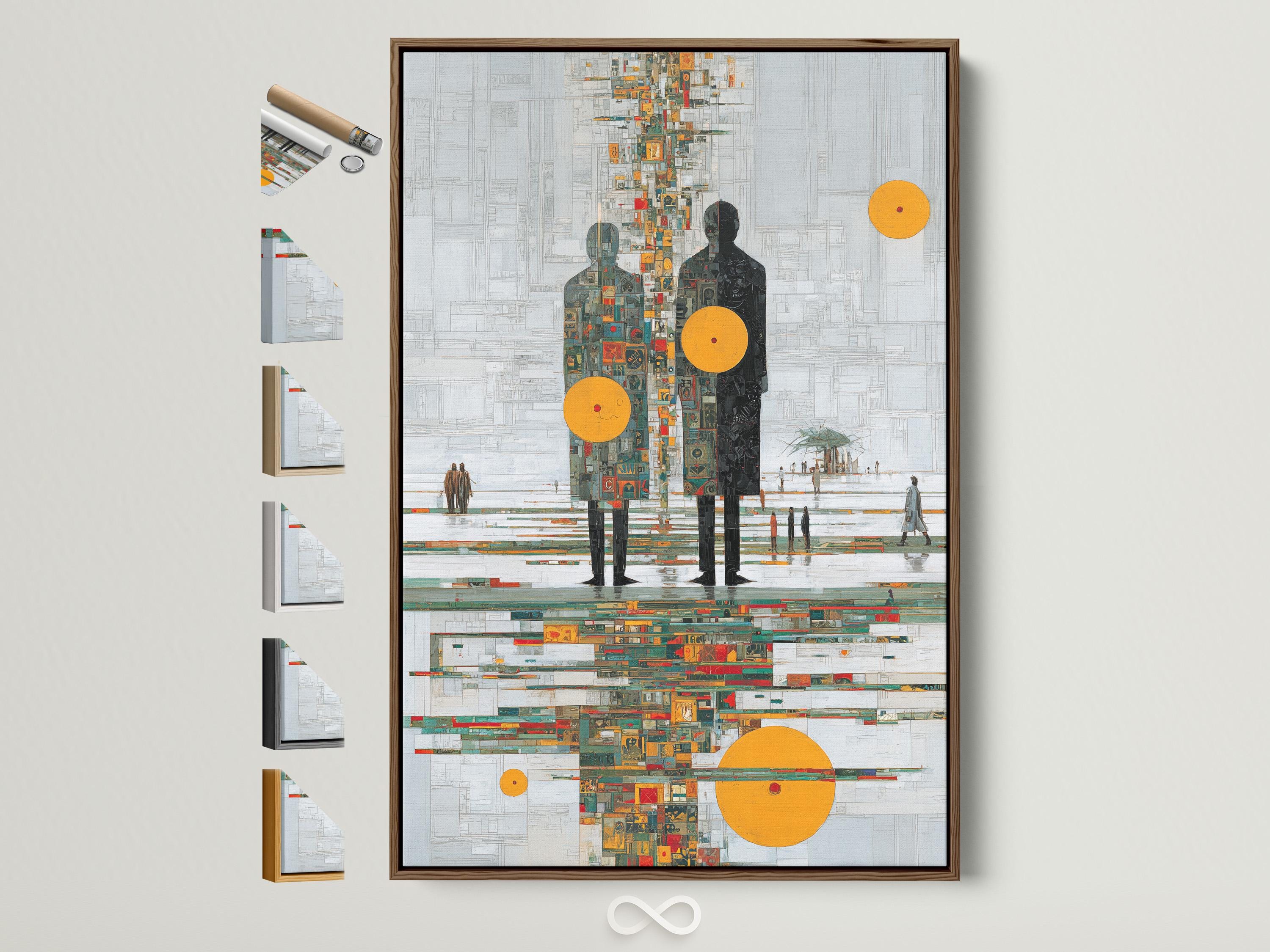 Stylised human figures on a light grey grid background with mustard-yellow circles and colourful mosaic tiles