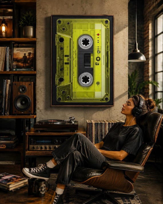 Lime Green Cassette Tape Canvas Art - Retro 80s Music Print