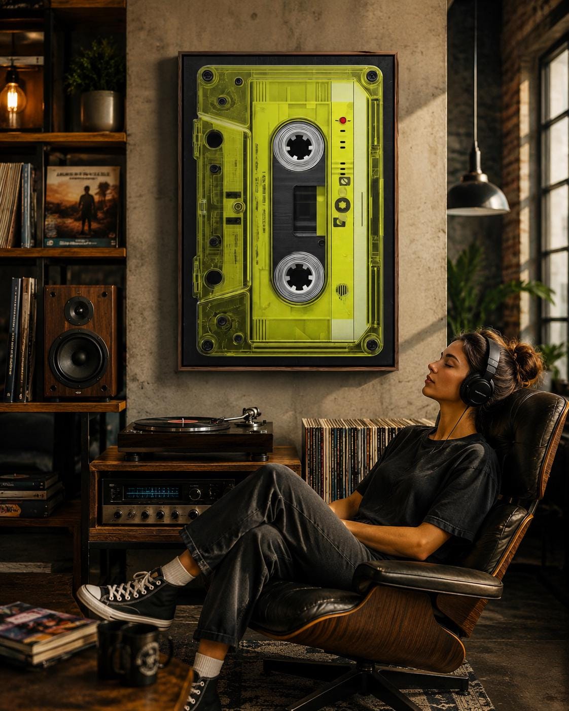 Lime Green Cassette Tape Canvas Art - Retro 80s Music Print