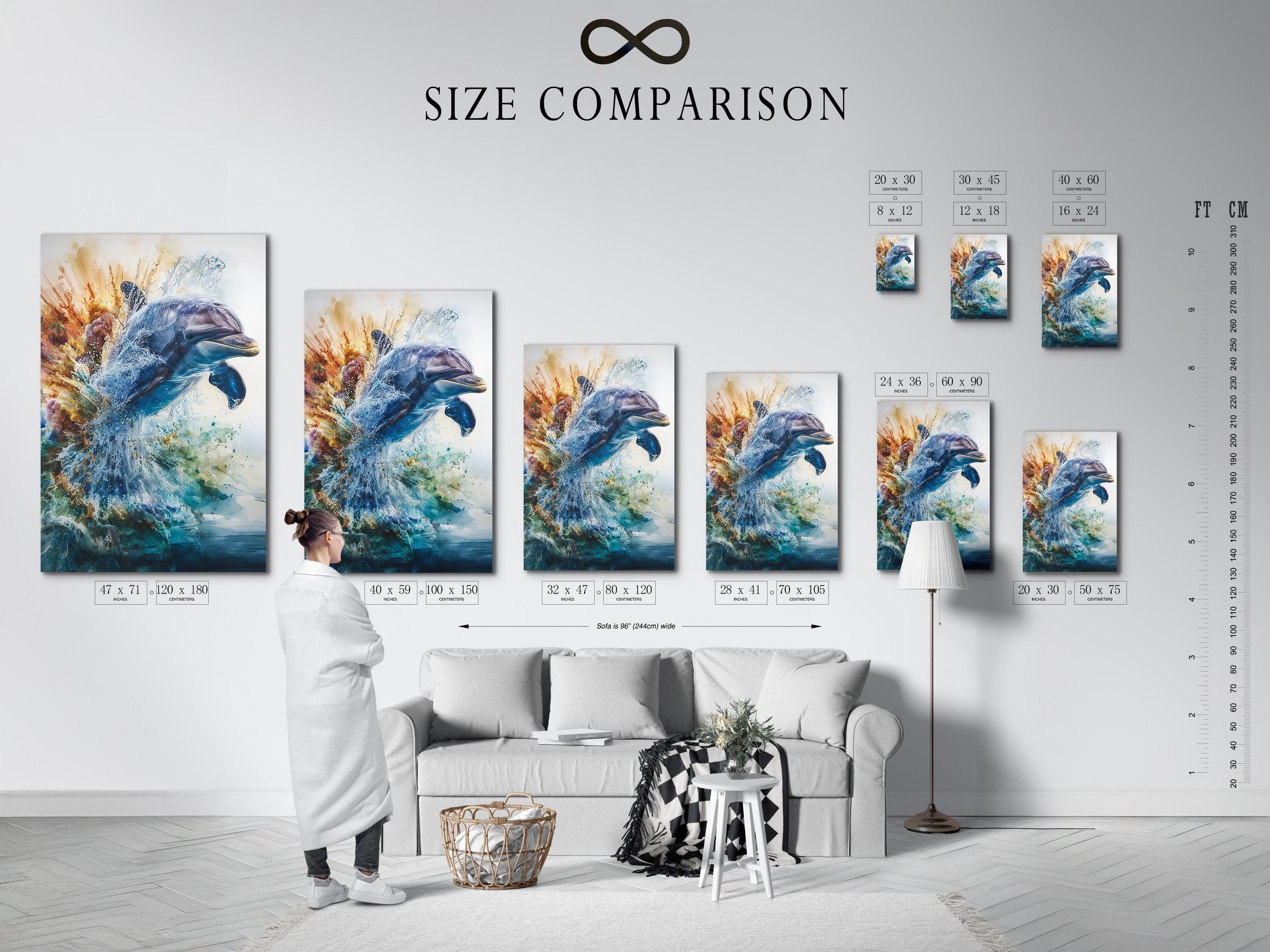 Framed ocean dolphin splash artwork on a wall with other frame options