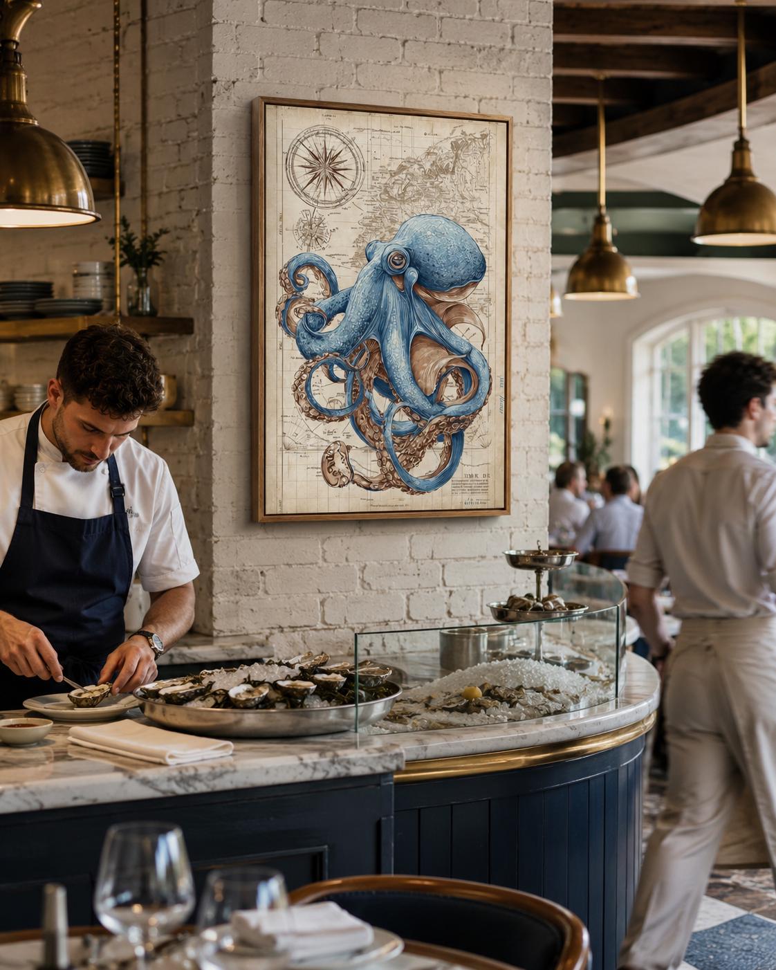 Blue octopus illustration over an antique beige nautical map with compass-like circles detail view