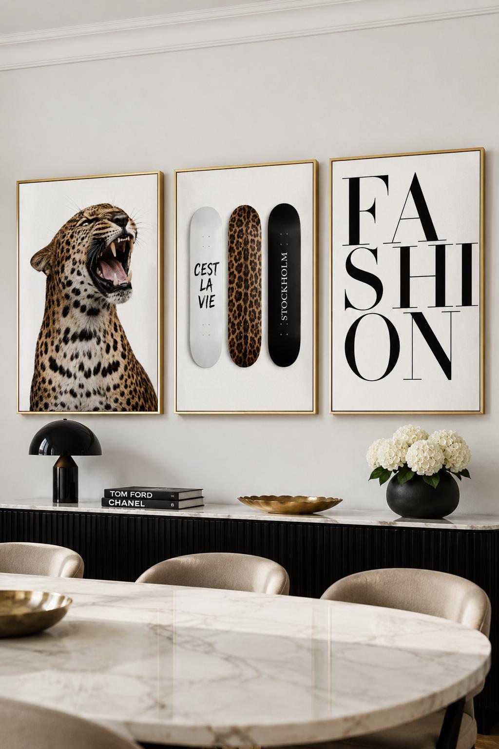 Three-panel leopard fashion wall art featuring a roaring leopard, skateboard deck shapes and bold serif typography detail view