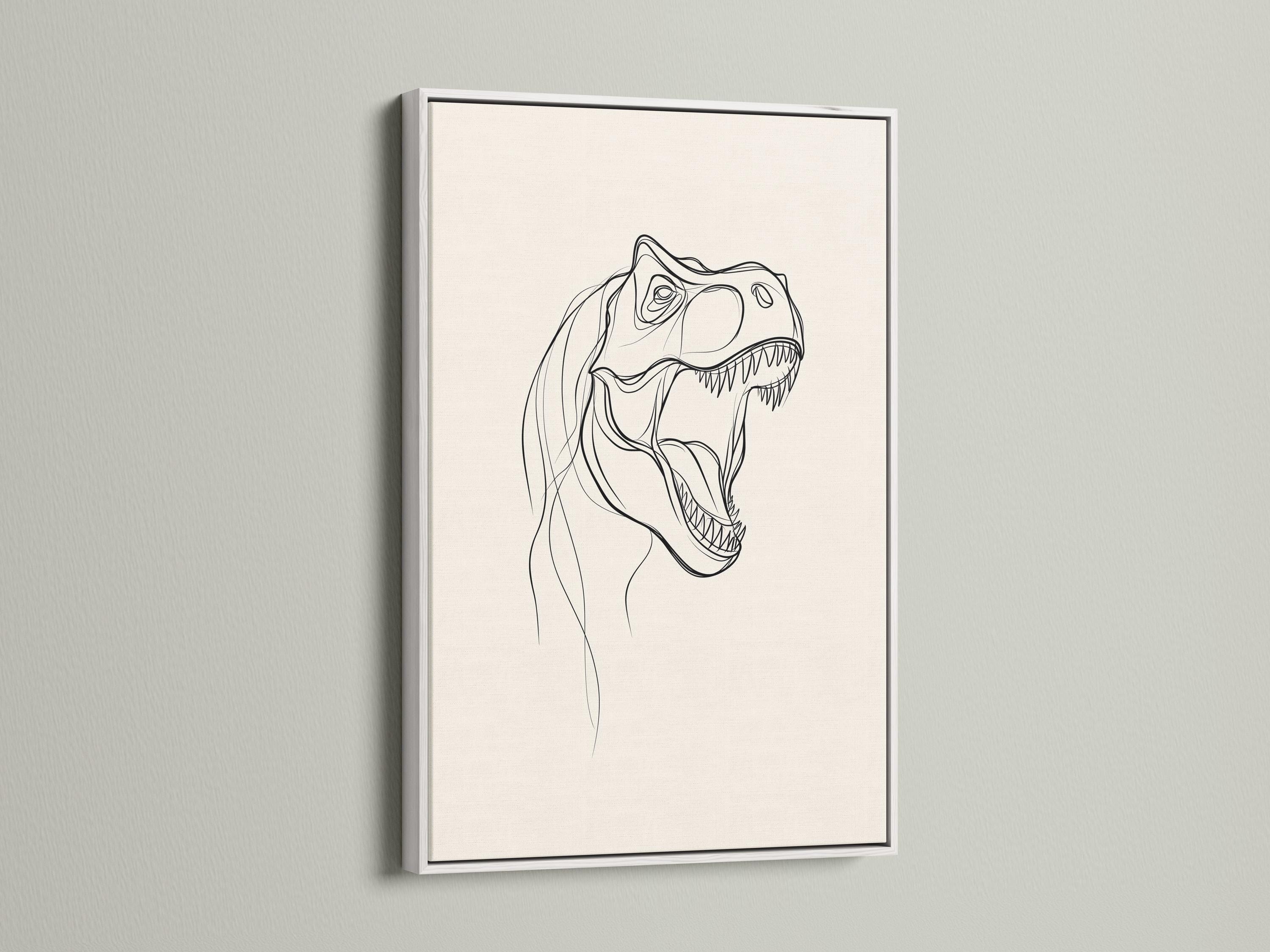 T-rex line art wall mockup with a framed black line drawing on an off-white background