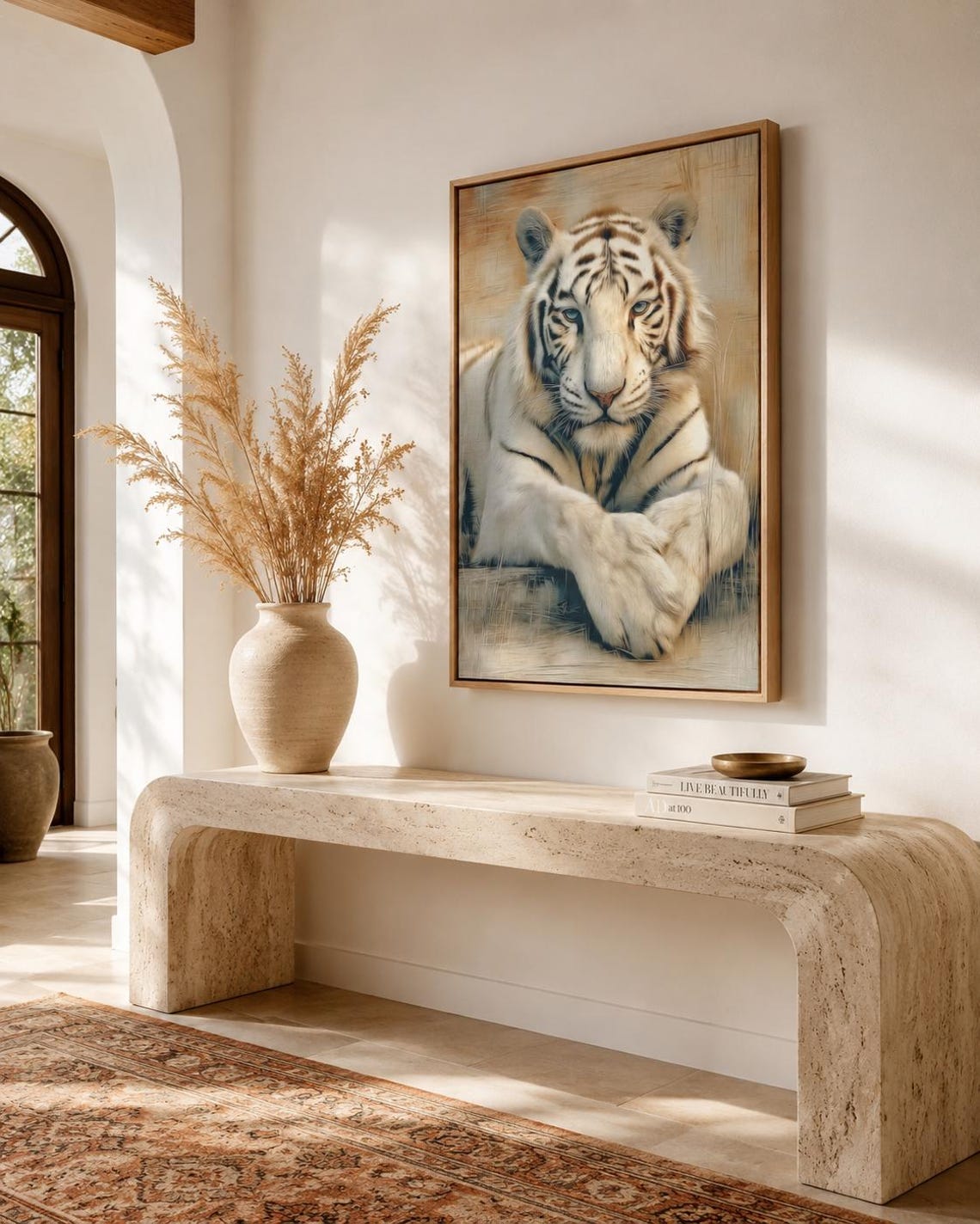 Office mockup with a tiger portrait artwork on the wall