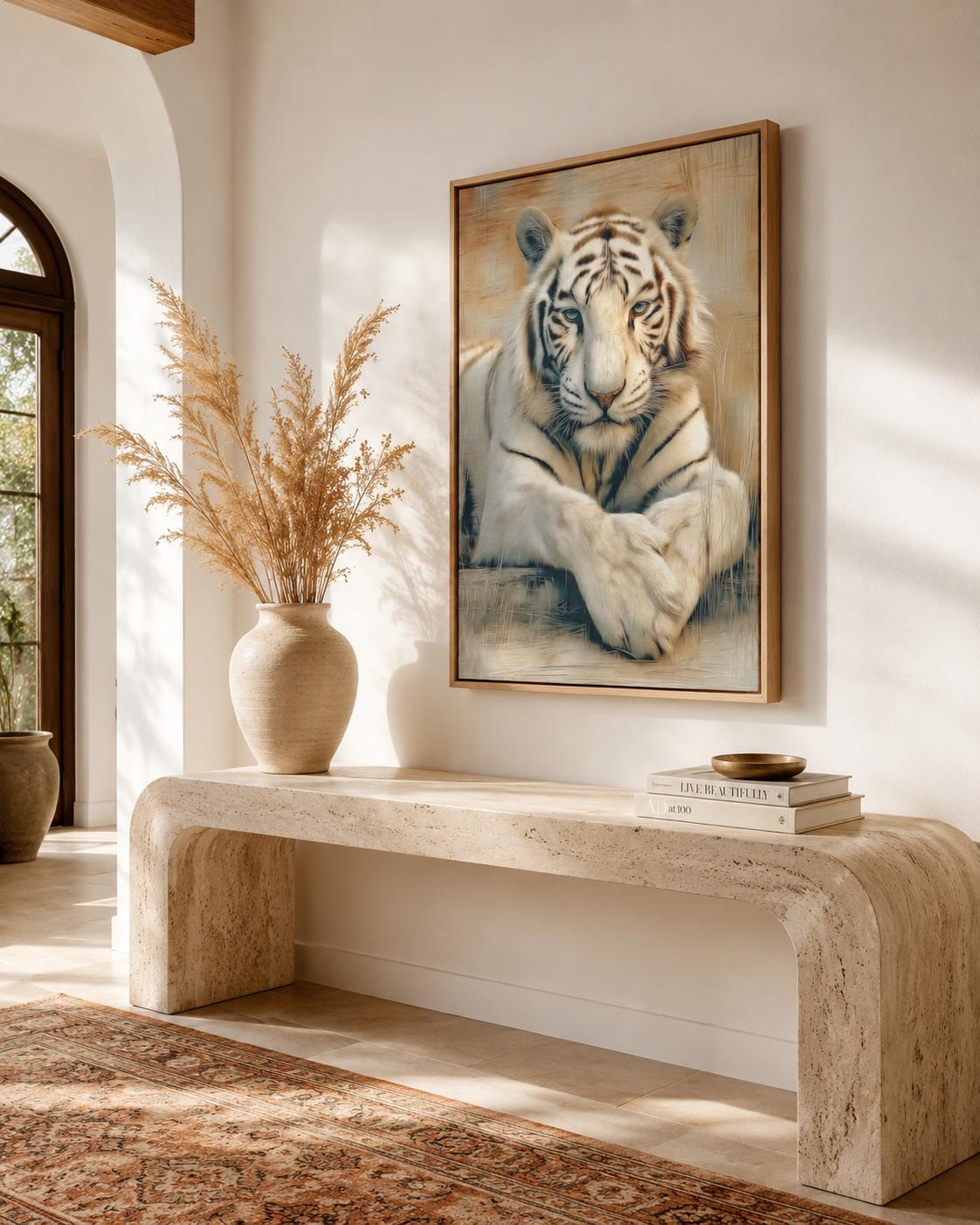 Office mockup with a tiger portrait artwork on the wall