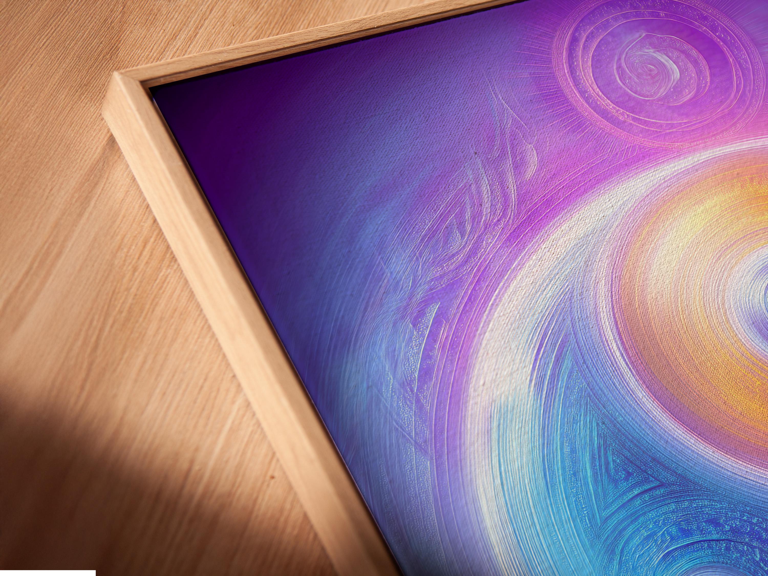 A cosmic purple artwork shows swirling concentric circles and two yin-yang style orbs with rainbow-like colour bands detail view