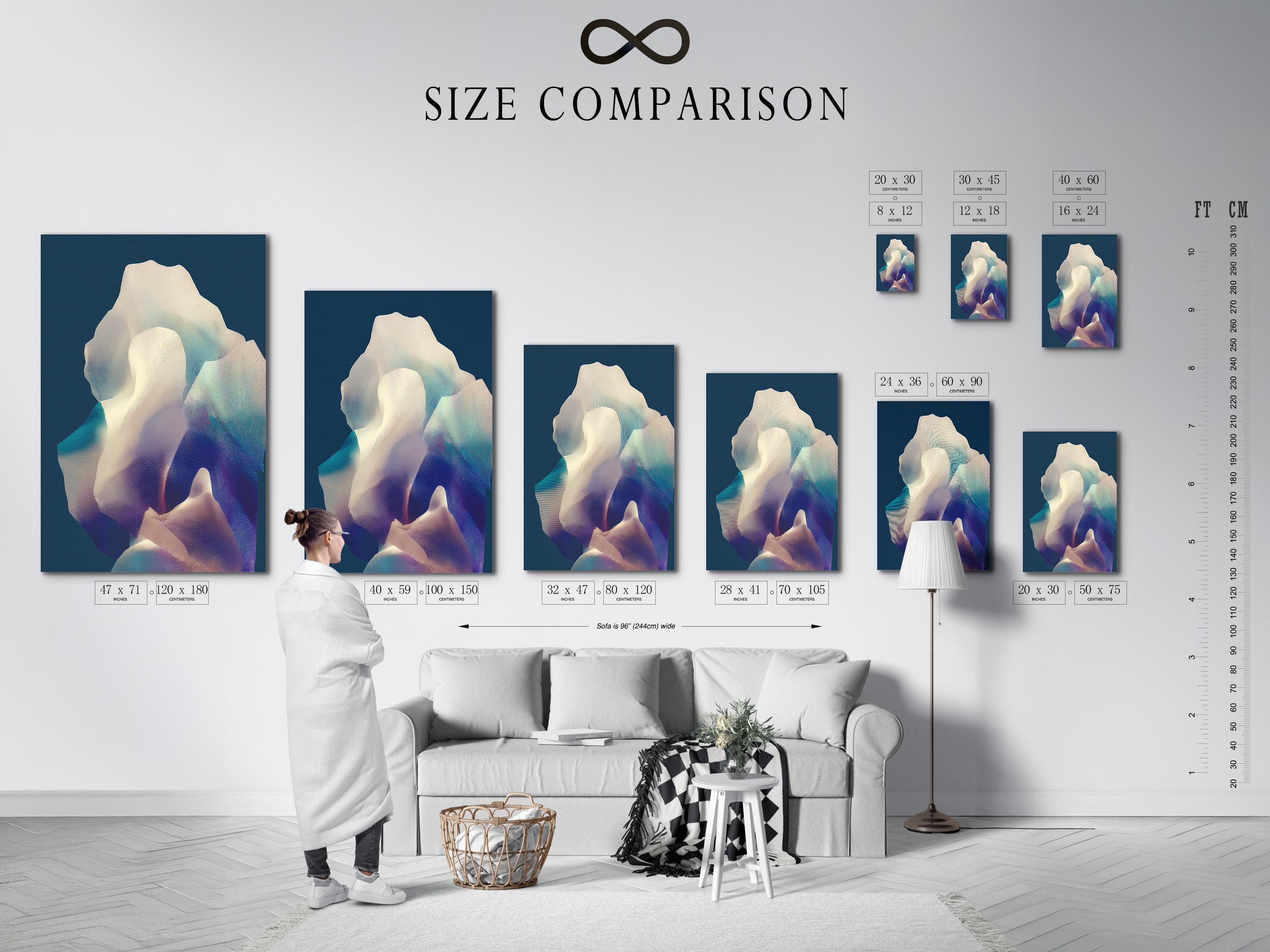 Room mockup showing navy blue abstract artwork on a wall with several frame options nearby
