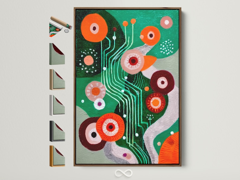 Green abstract artwork with orange and maroon circles, teal curved lines and dotted accents