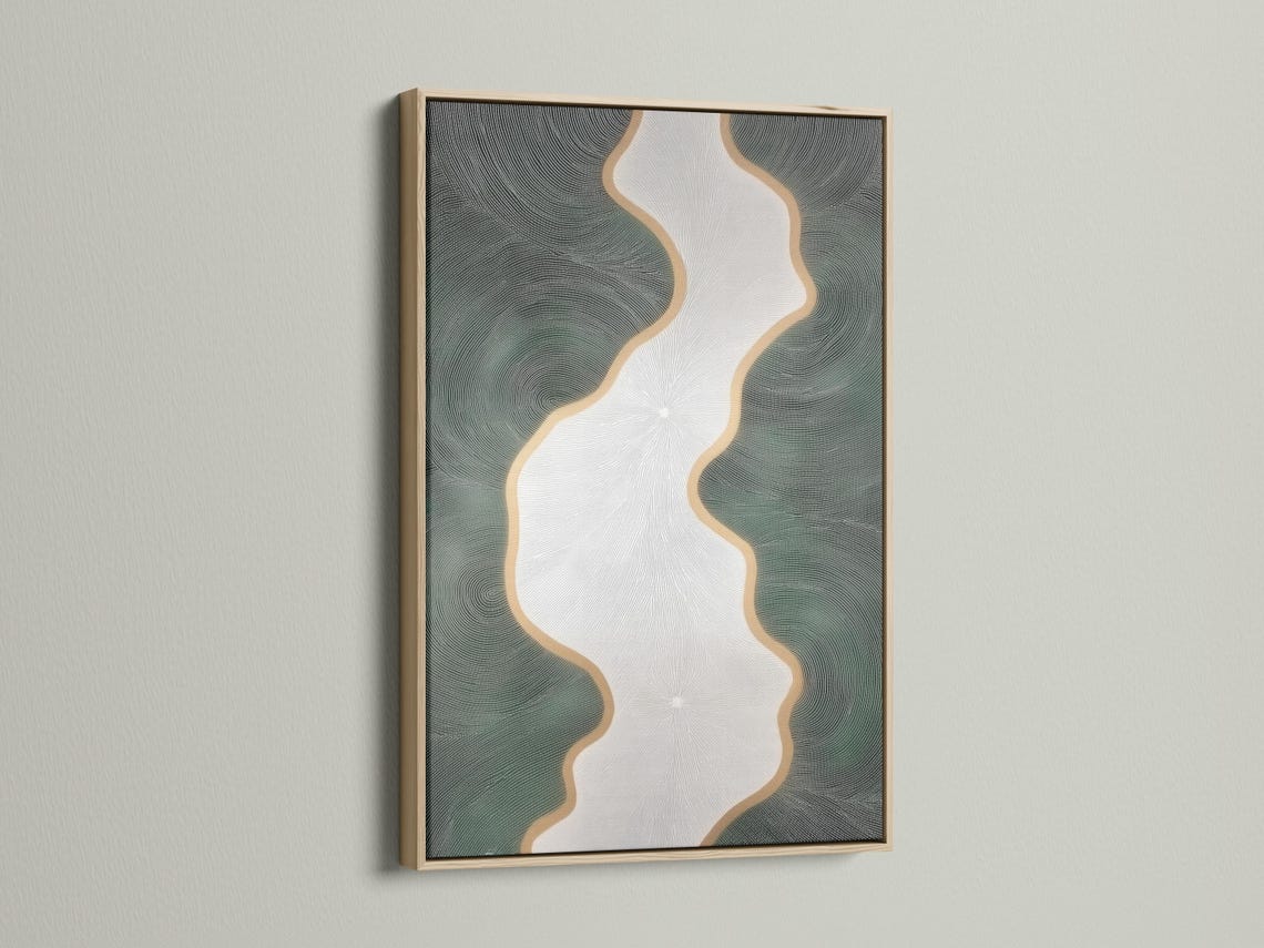 Minimalist abstract river flow artwork with ivory channel and sage-green ripple texture detail view