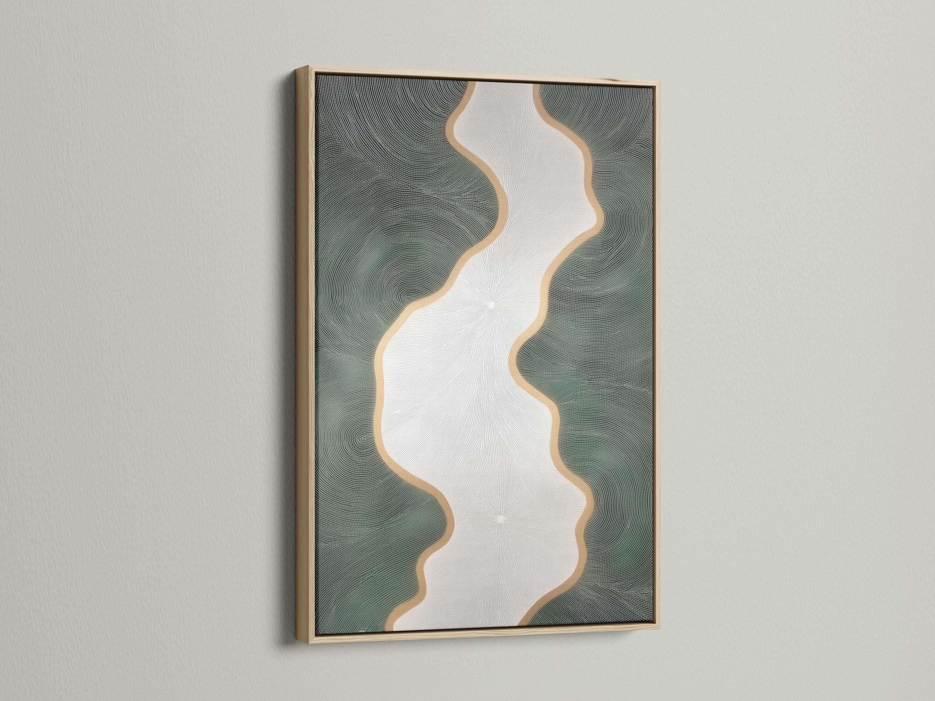 Minimalist abstract river flow artwork with ivory channel and sage-green ripple texture detail view