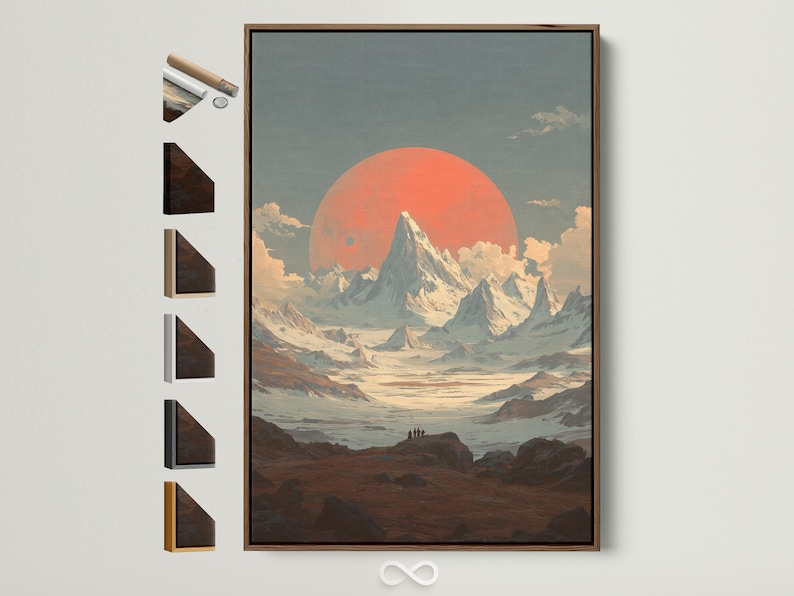 Stylised mountain landscape with a large coral sun, layered blue-grey peaks, and soft clouds
