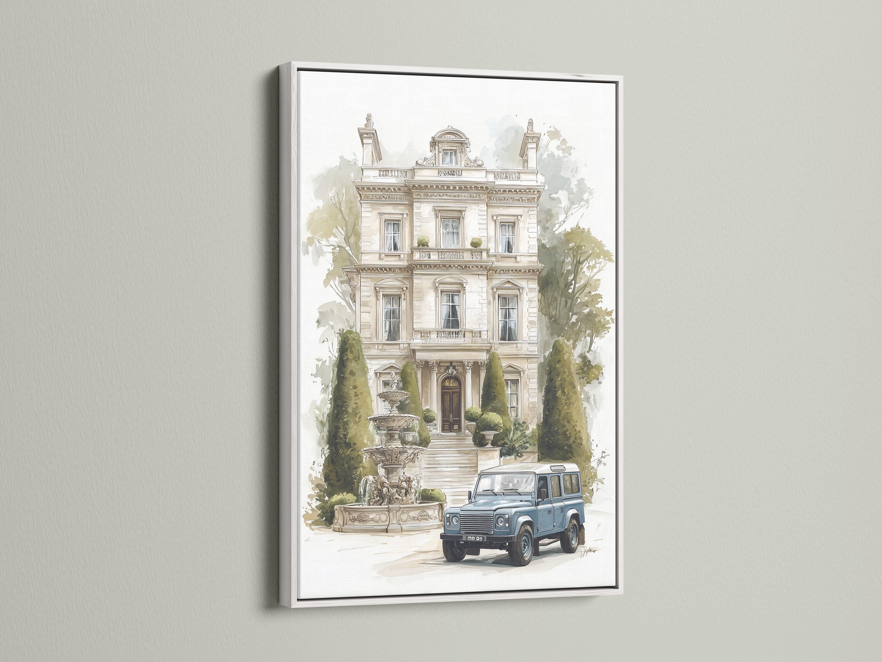 Room mockup showing a framed manor house artwork with trees and a blue vintage car