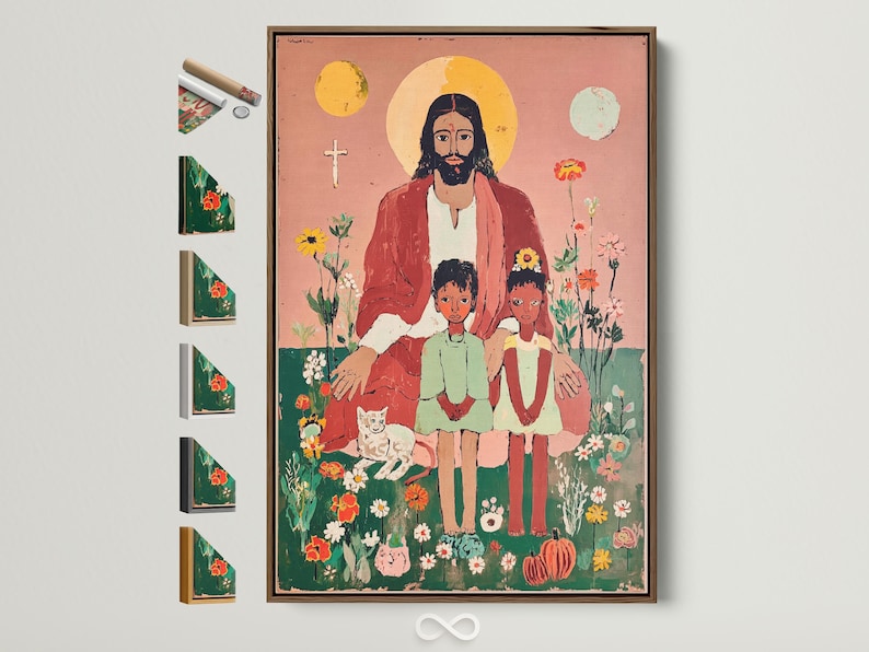 Folk-art illustration of Jesus with a pale halo, two children, and many flowers on a dusty pink background