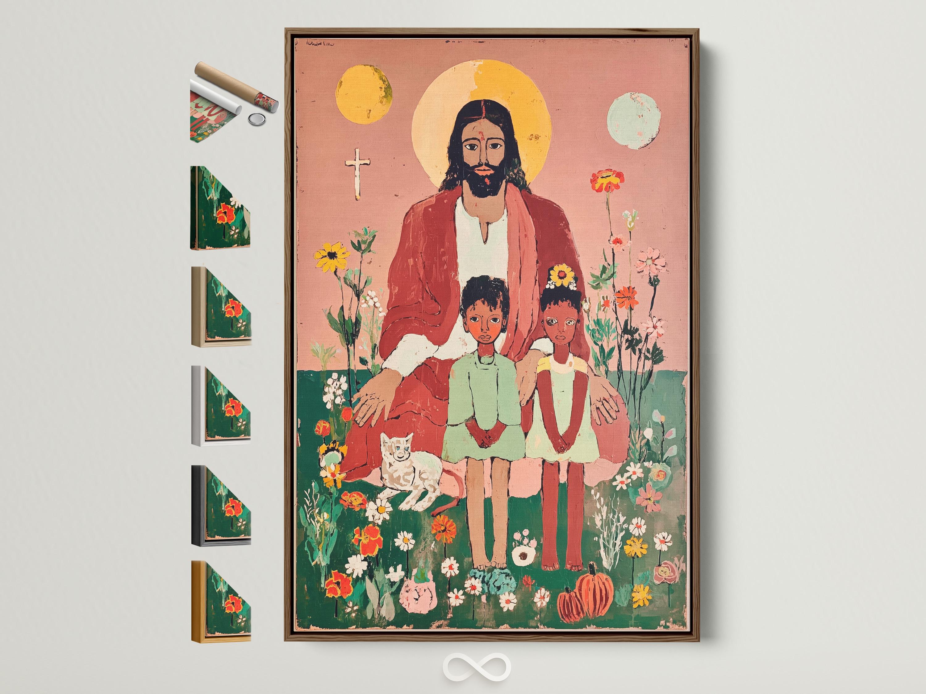 Folk-art illustration of Jesus with a pale halo, two children, and many flowers on a dusty pink background