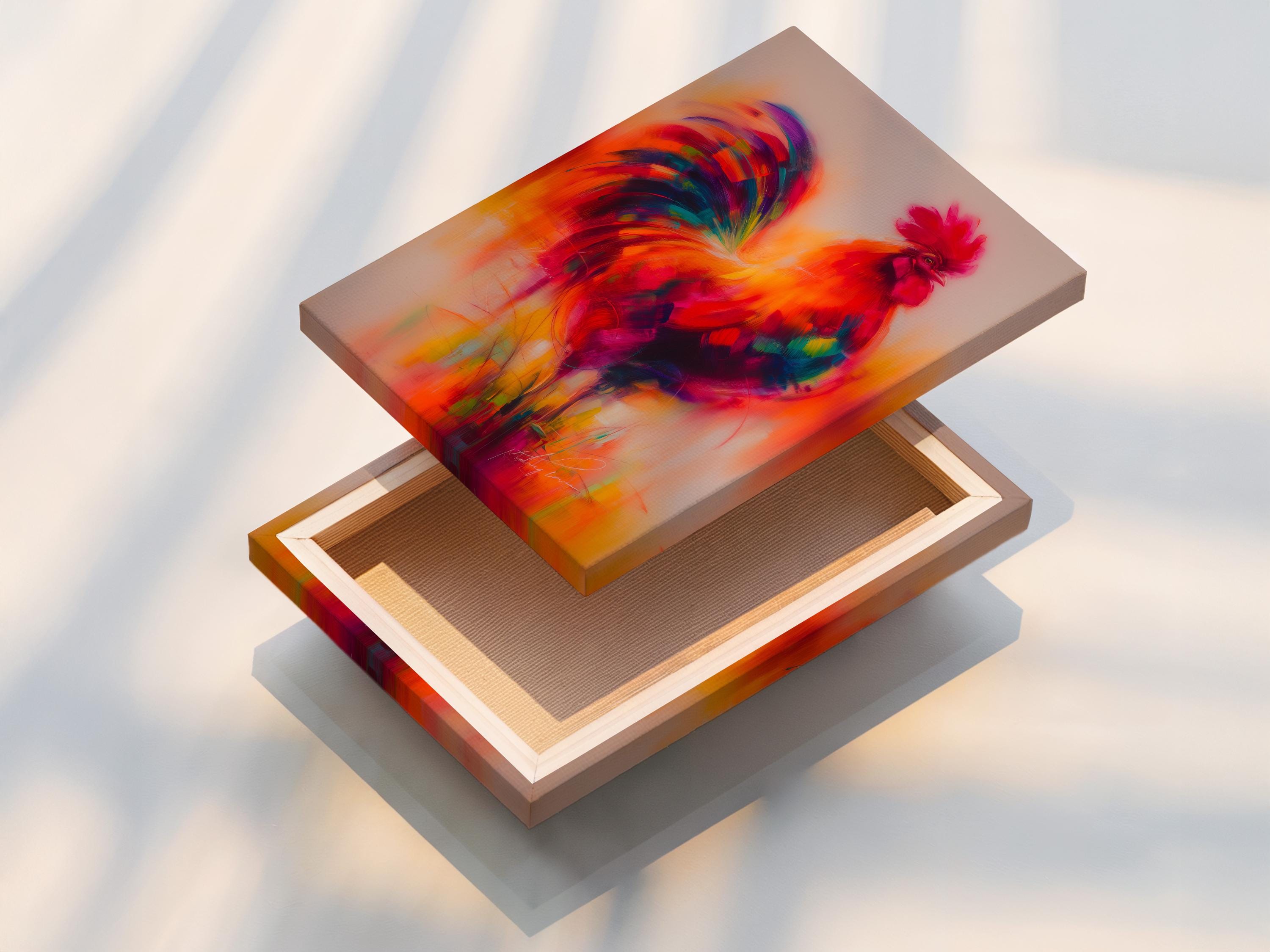 A framed rooster wall artwork in warm orange, pink, and purple colours on a white background
