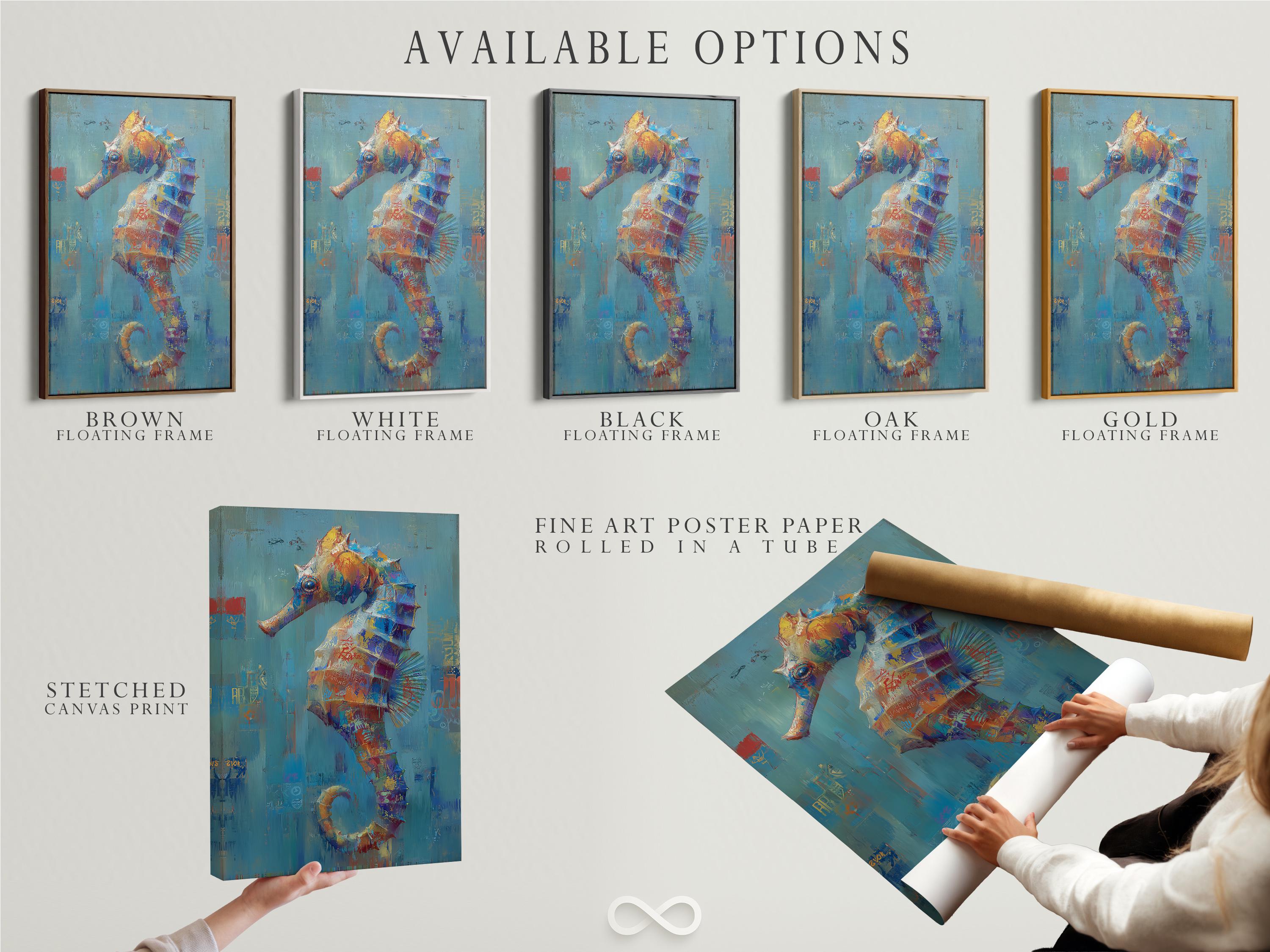 Wall mockup showing a framed abstract seahorse-like artwork with teal and coral accents