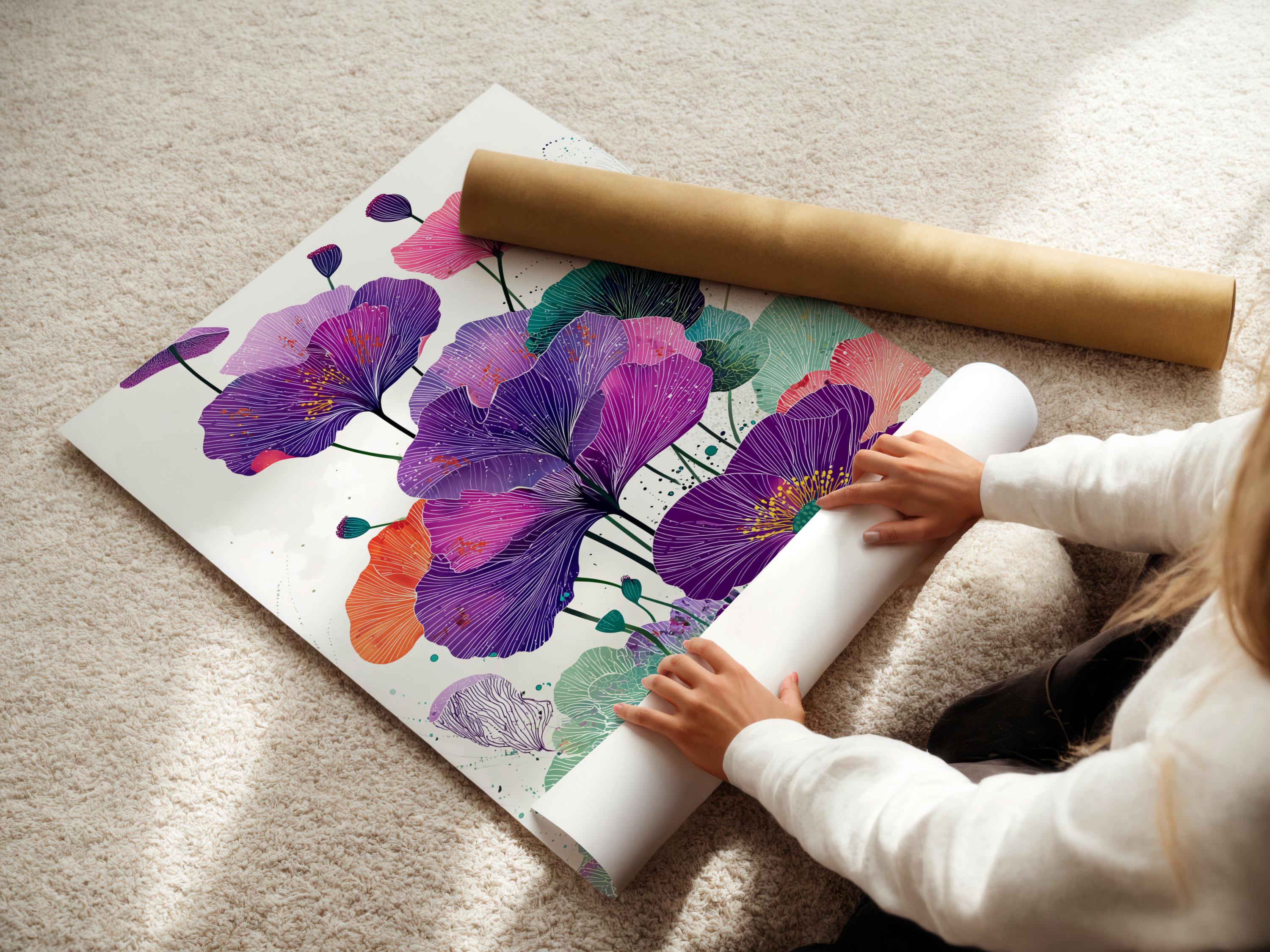 Botanical wall art showing purple flowers with teal leaves and pink accents in a framed layout