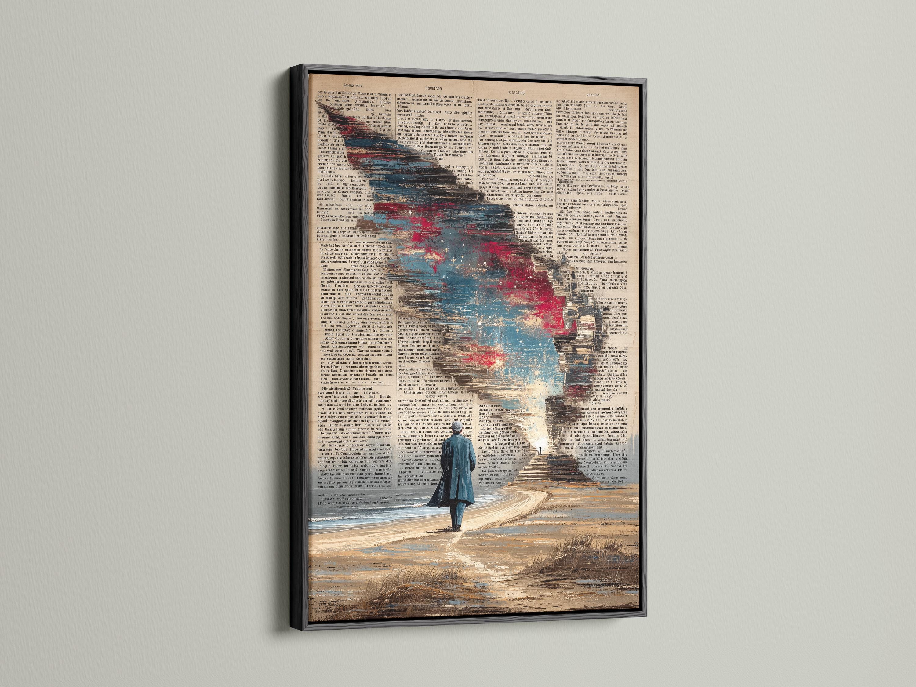 Dictionary-style beach wall art featuring a man walking toward light