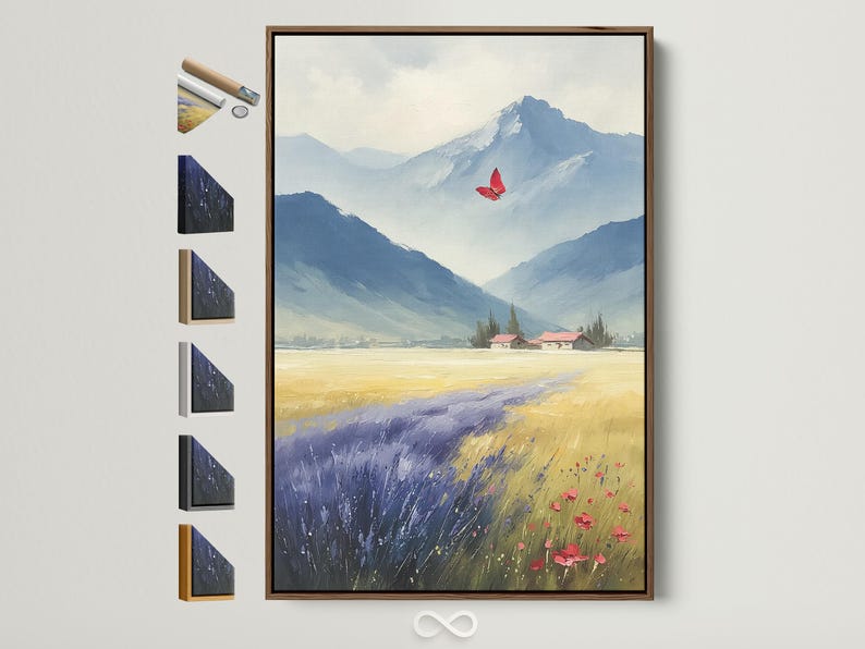 Painterly blue mountain landscape with a red butterfly and warm golden foreground fields