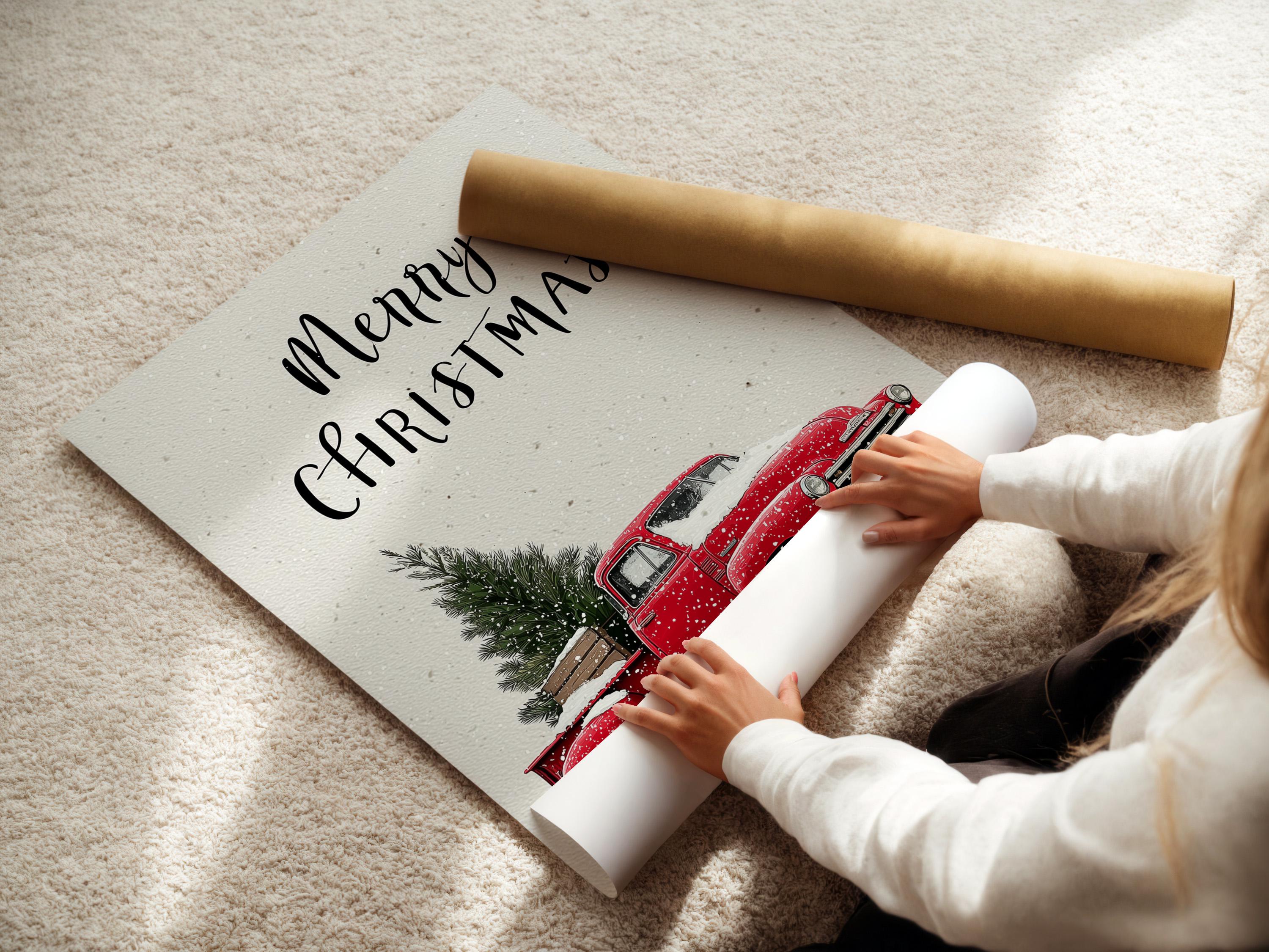 A white, snow-speckled scene shows a red vintage truck holding a Christmas tree, with handwritten-style text above it reading “Merry Christmas.”
