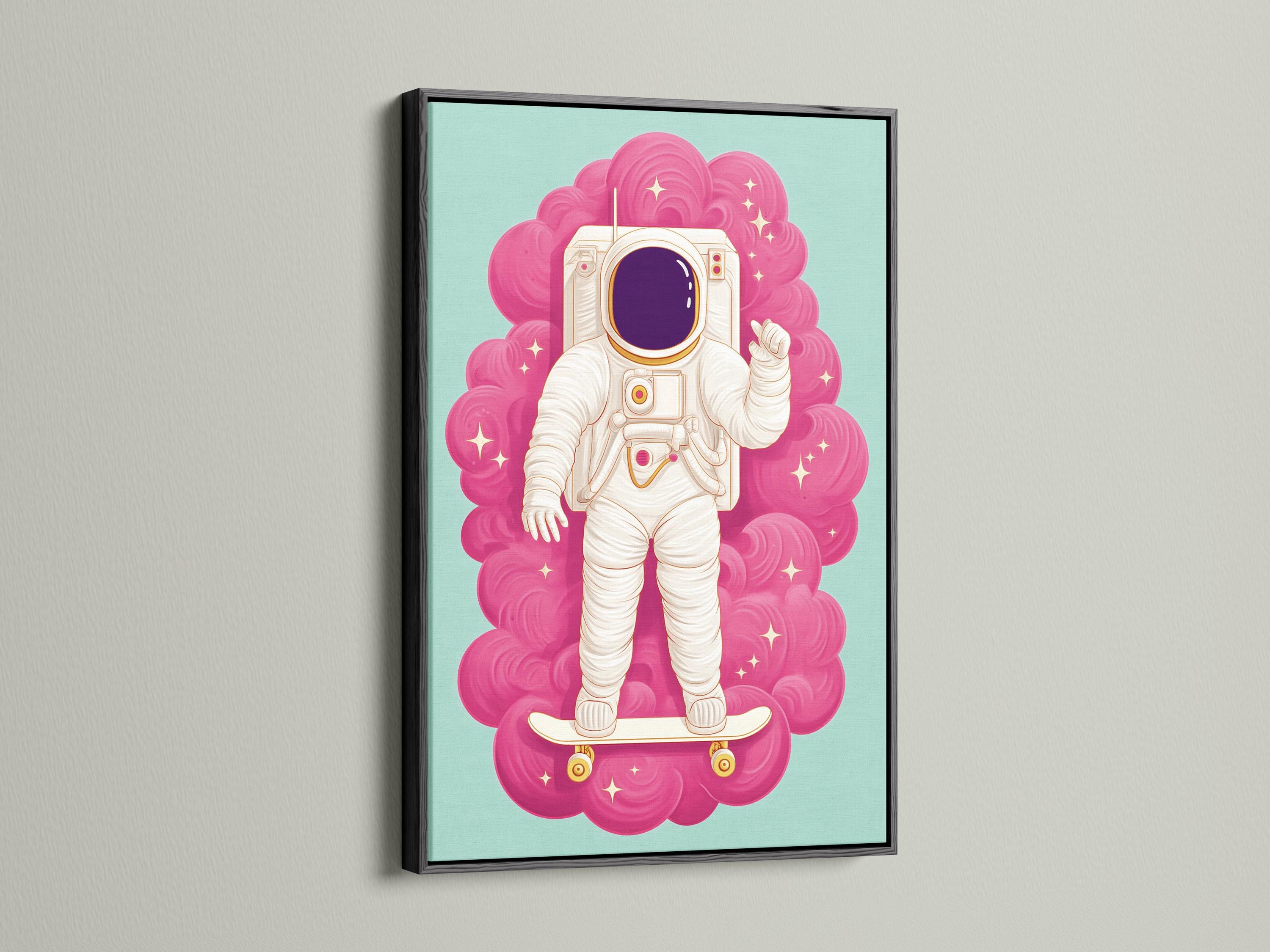 Cartoon astronaut standing on a skateboard with a hot pink cloud swirl background detail view