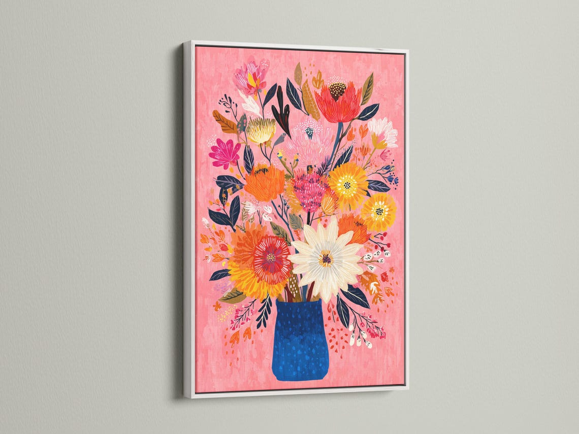 Room mockup showing a framed floral bouquet artwork on a wall