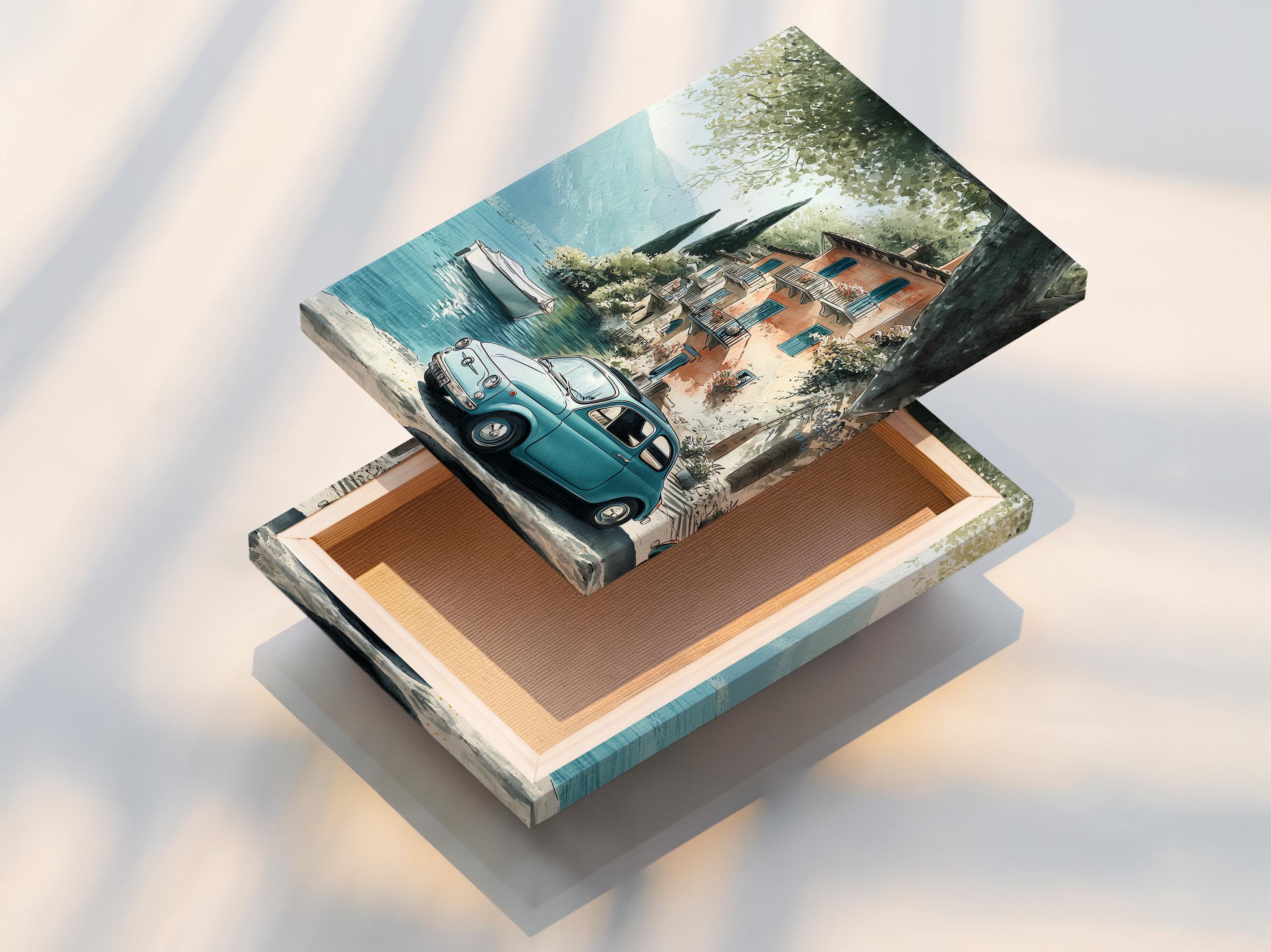 Painterly lakeside village scene with blue water, pastel houses, leafy trees and a light-blue vintage car detail view