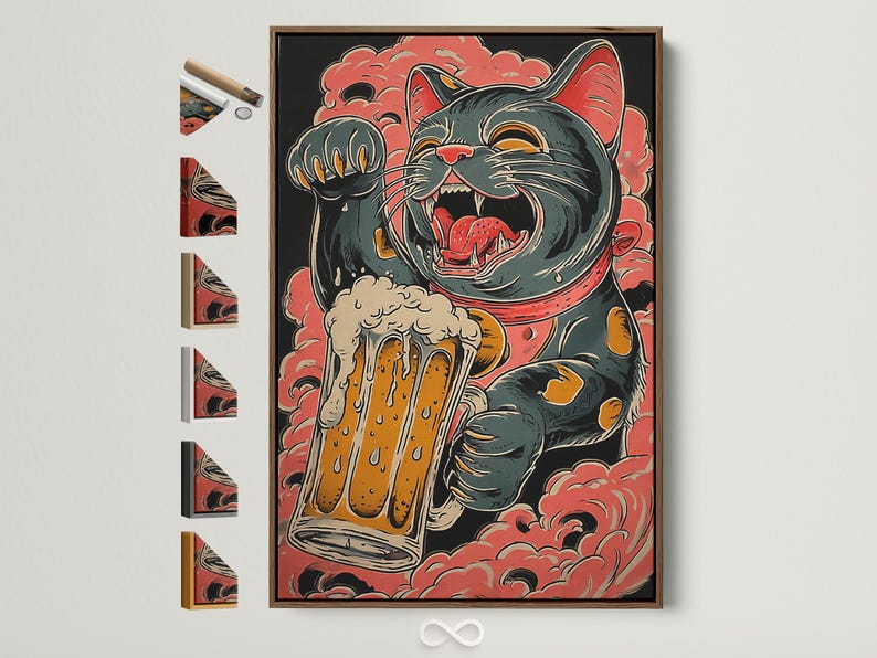 Stylised retro cat illustration with red cloud shapes and orange foamy splash details