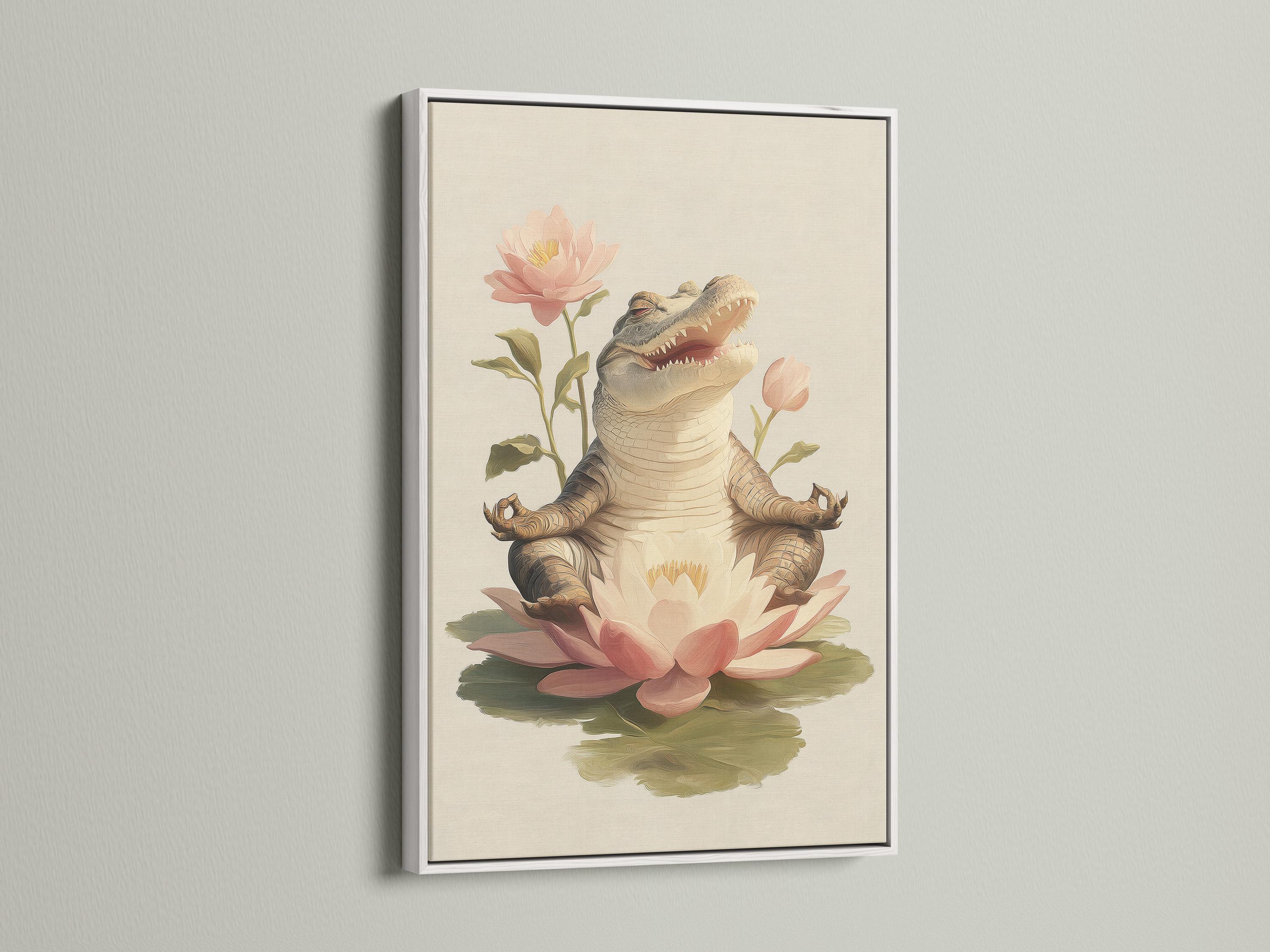 Grey alligator resting on pale pink and cream lotus flowers with green leaves on a light background detail view