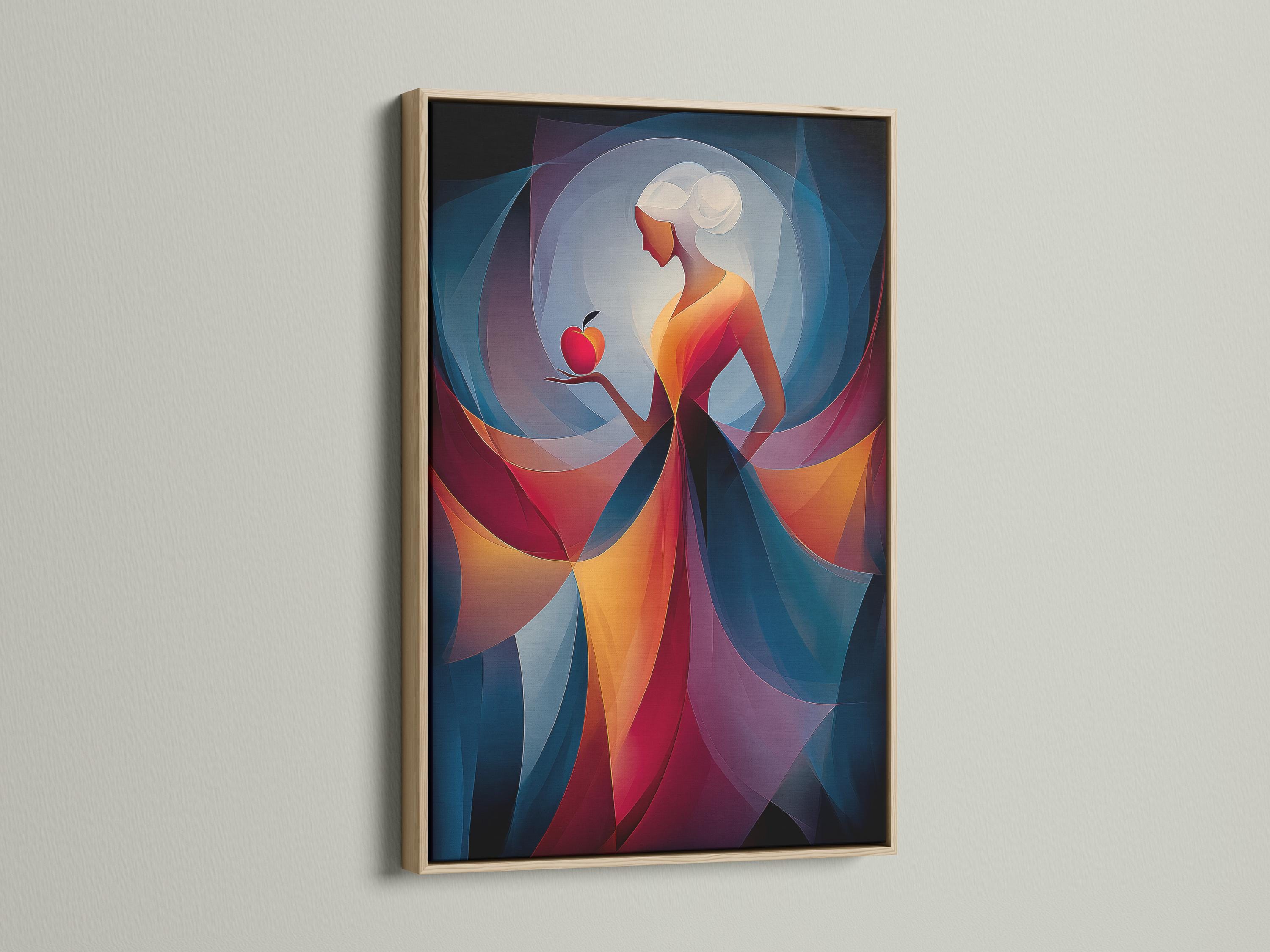 Abstract woman holding a red apple with layered blue, teal and purple curved shapes detail view