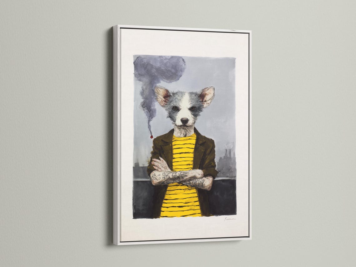 Stylised dog portrait with grey smoke and a bright yellow striped top, seated and facing forward detail view