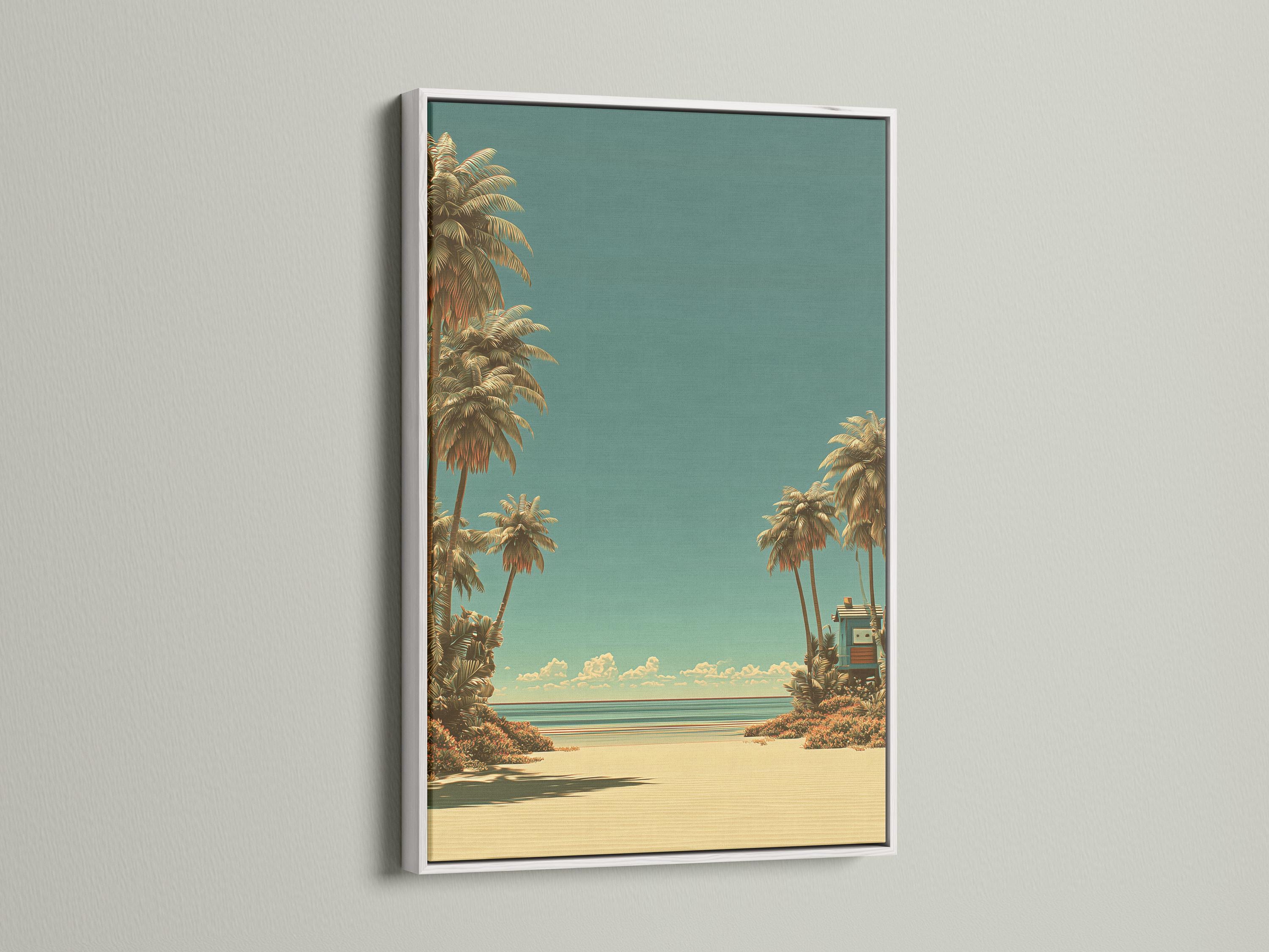 Mockup showing a framed tropical beach artwork on a wall