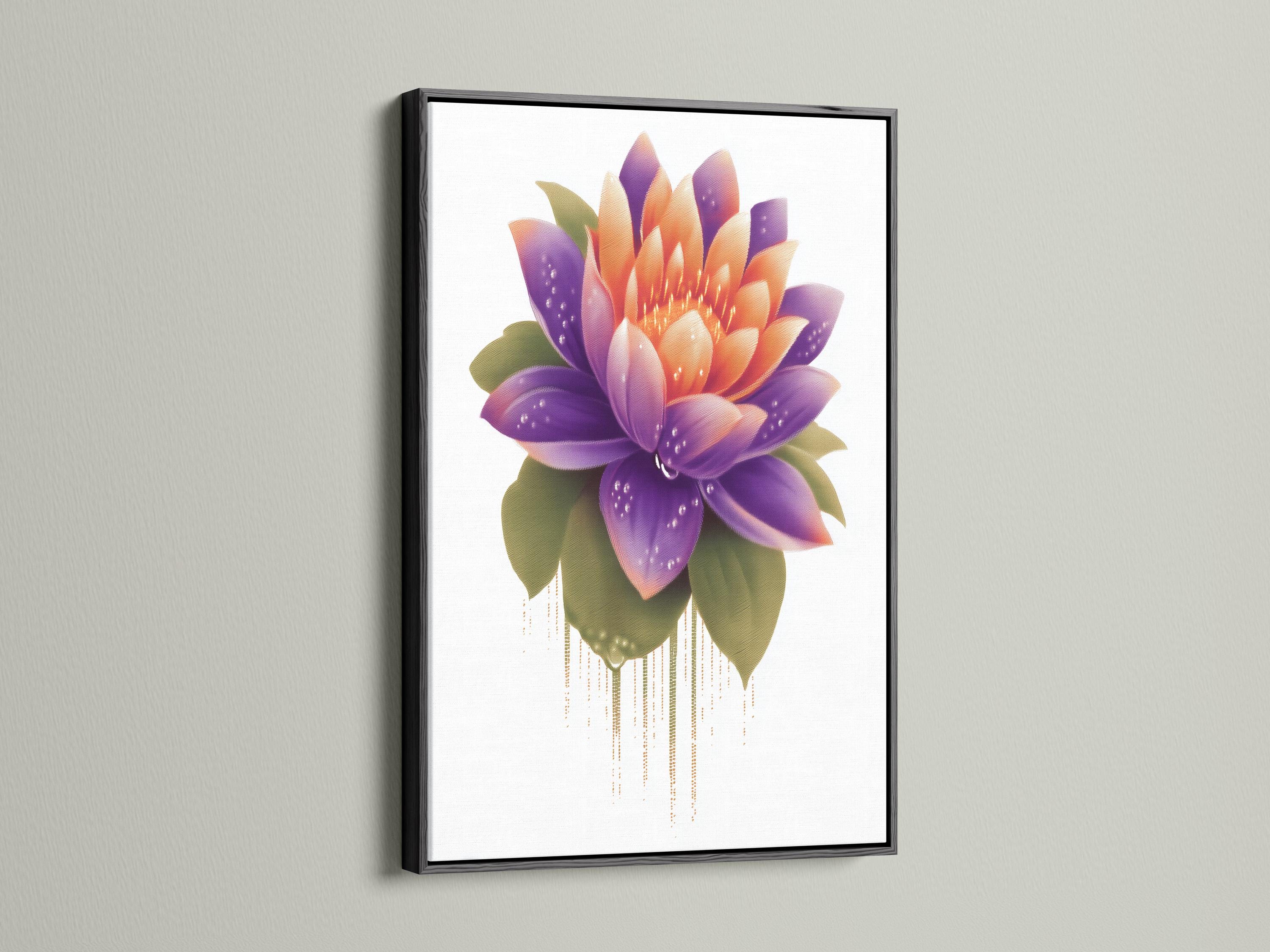 Lotus flower artwork with purple and orange petals and green leaves on a white background detail view