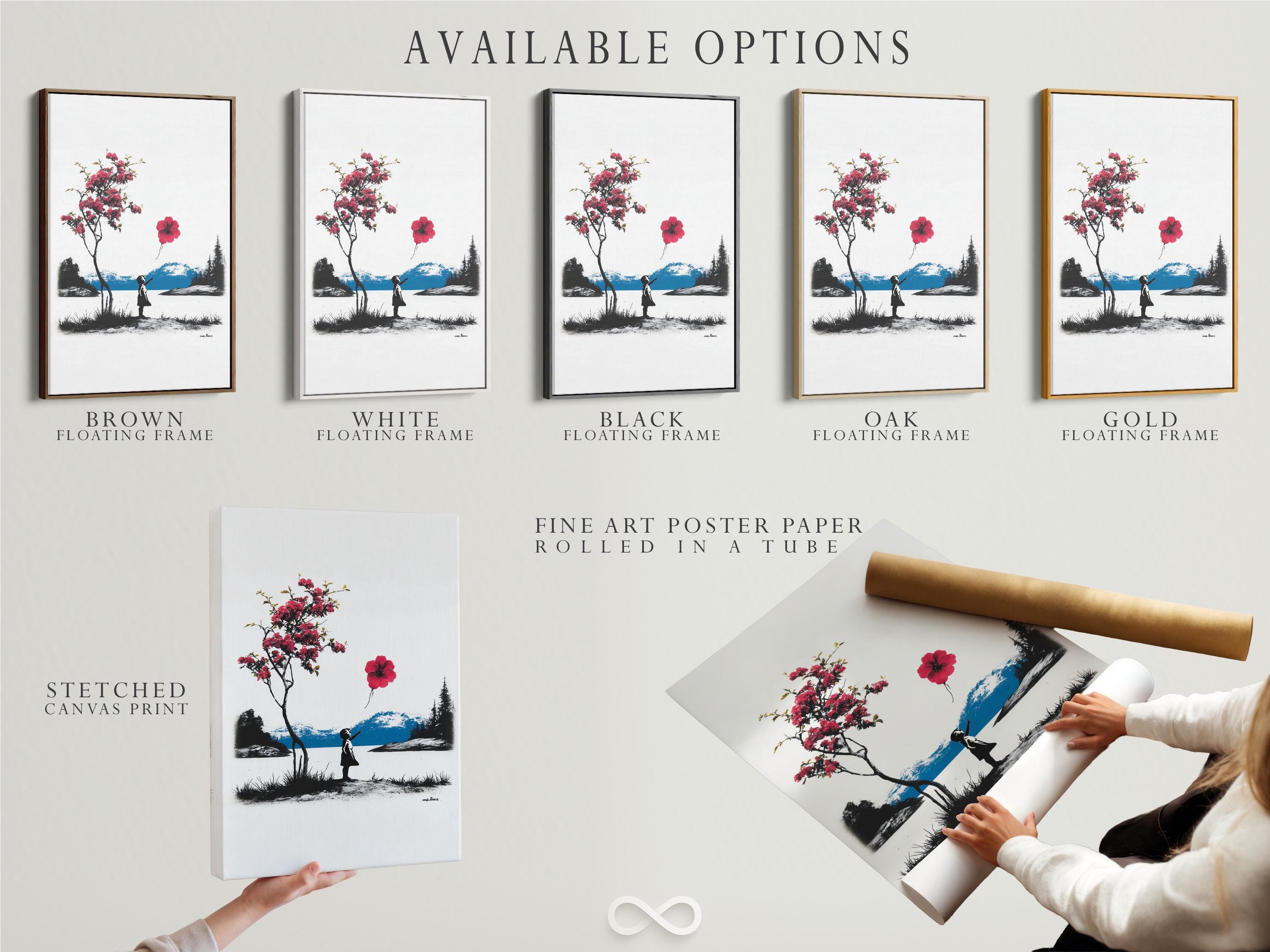 Room mockup showing a framed artwork of a silhouetted girl holding a red balloon in a black-and-white landscape