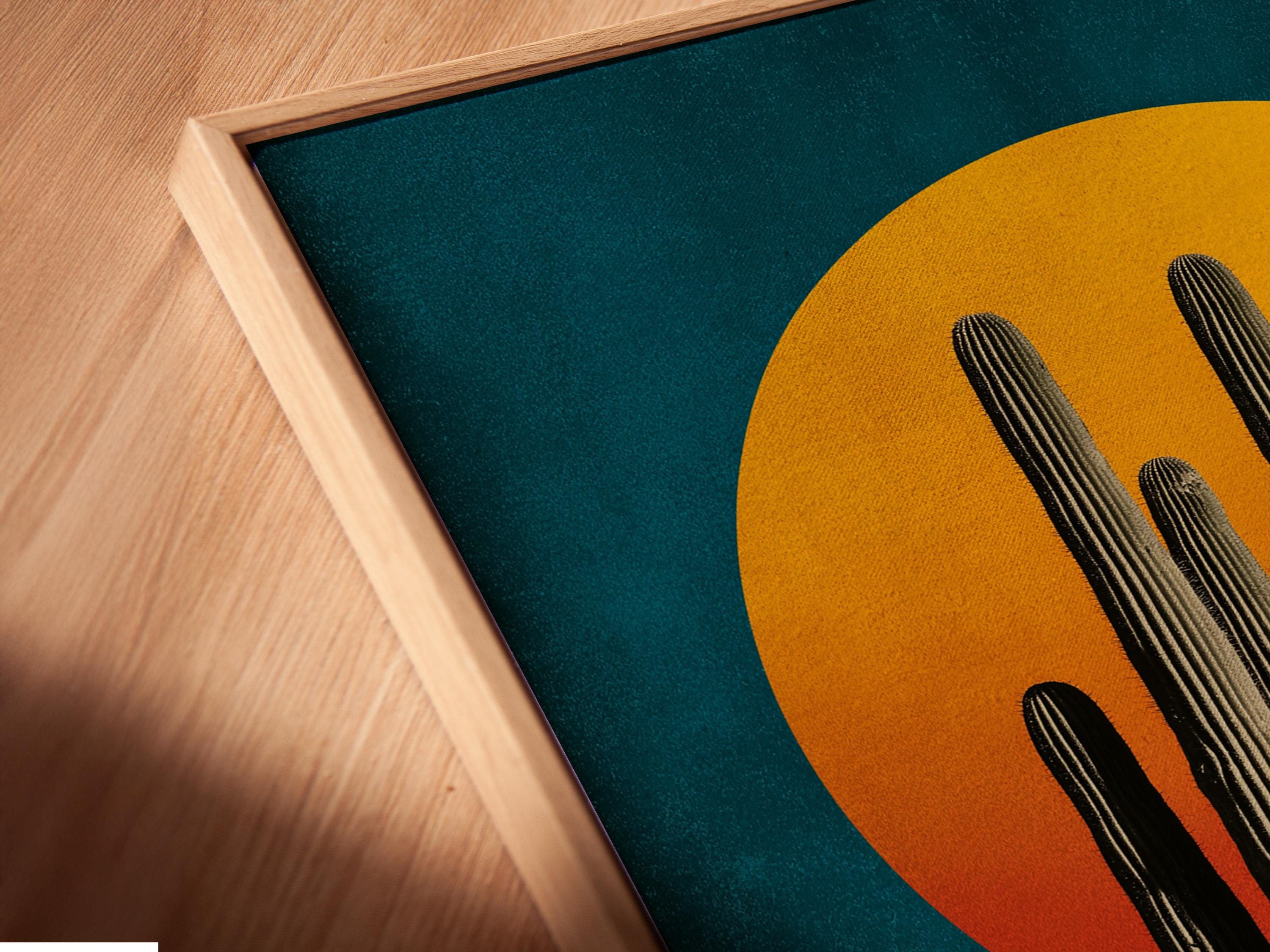 Illustration of a tall cactus with rounded pads beneath a large golden sun over teal and terracotta stripes detail view