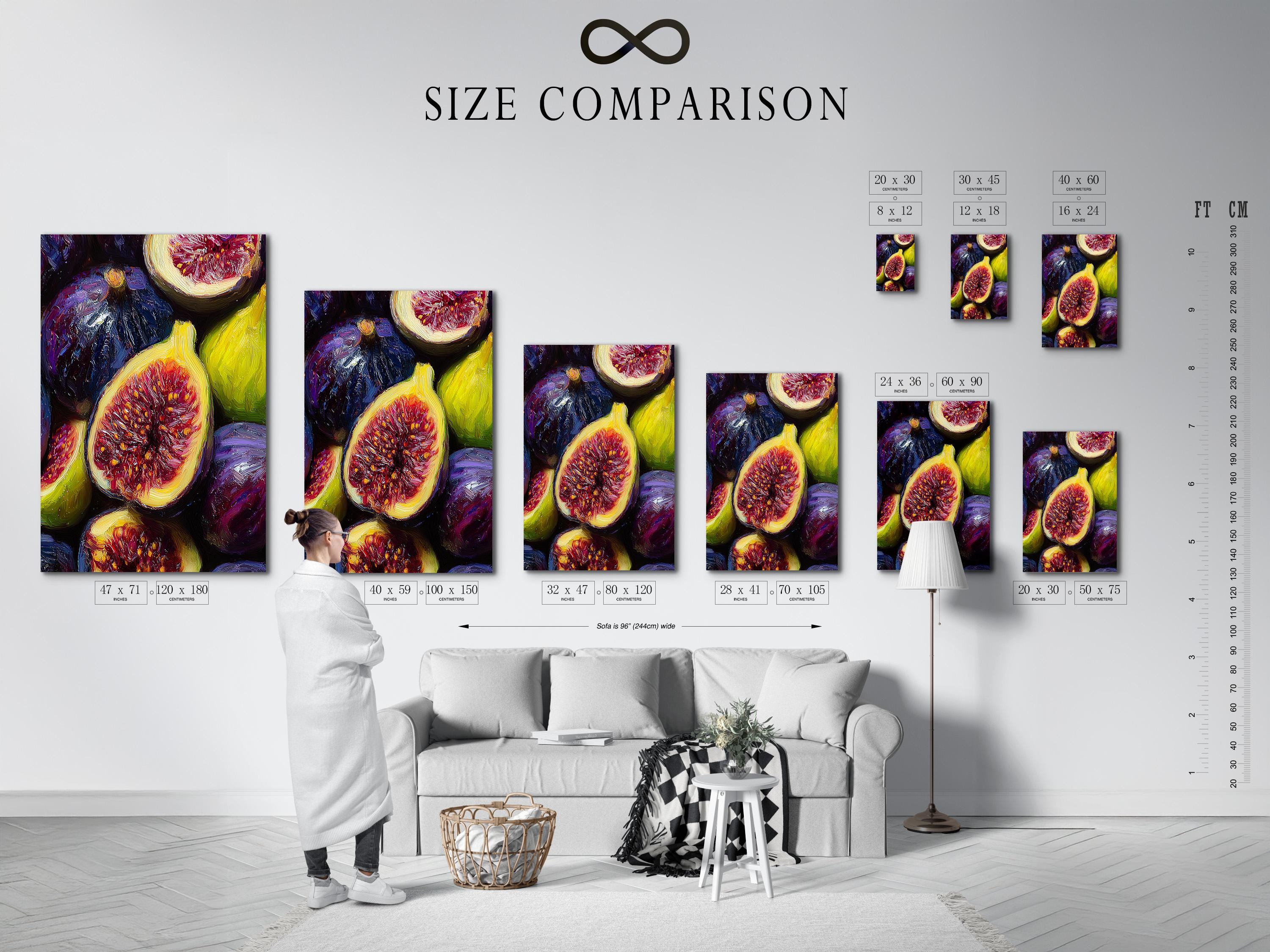 Framed purple, green and gold fig still life artwork shown in a room mockup, with stacked thumbnails at left