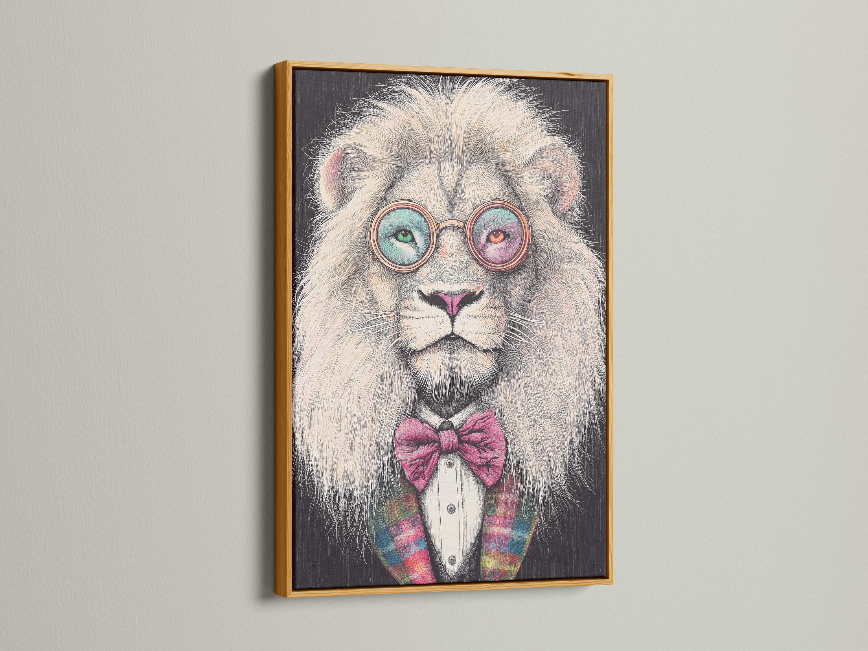 Stylised lion portrait with round glasses and a pink bow tie detail view