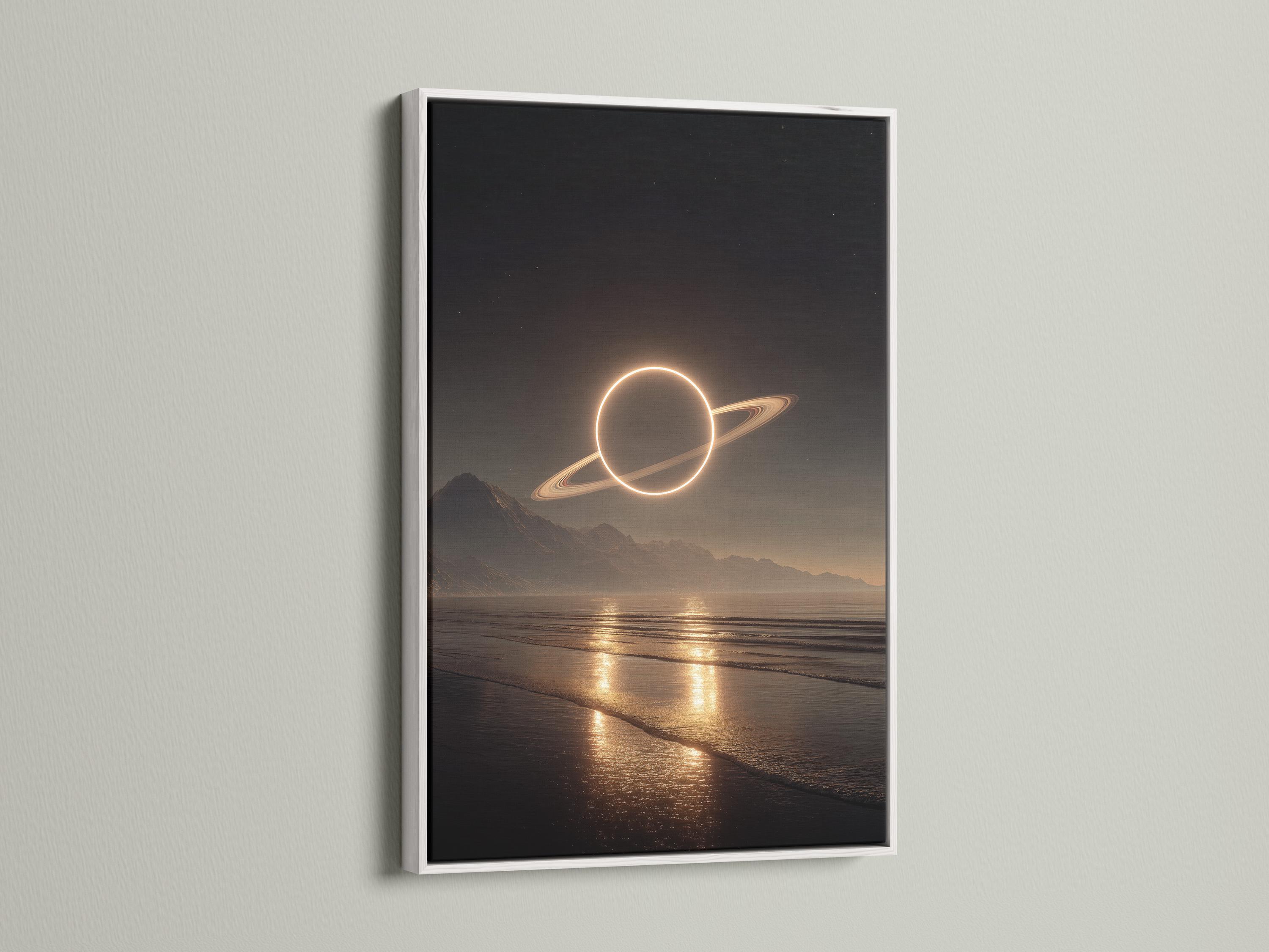 A glowing Saturn-like planet and luminous ring hover above a moonlit beach landscape with dark mountains and a shimmering shoreline detail view