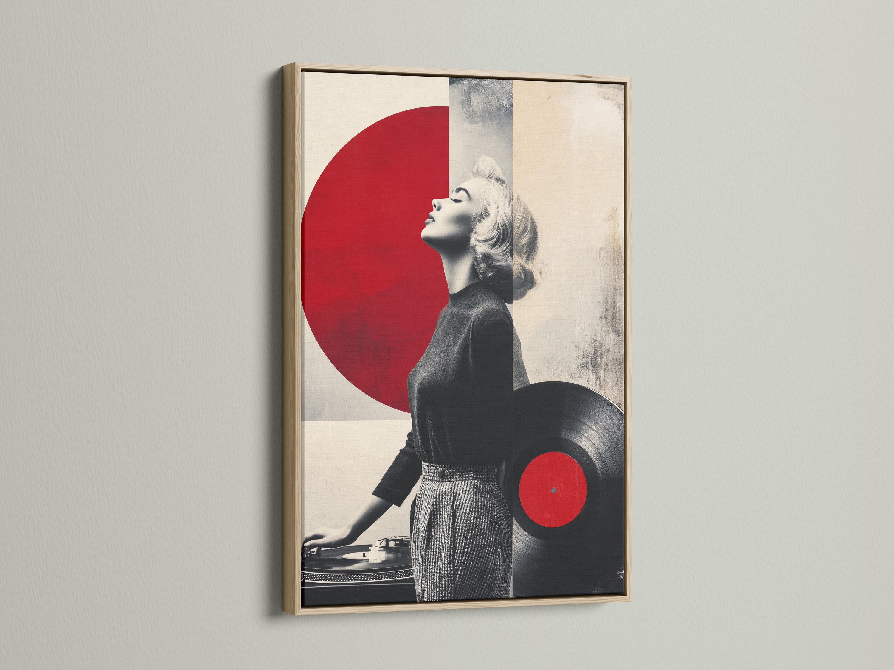 Monochrome portrait of a blonde woman with large red vinyl circle accents and a turntable detail view