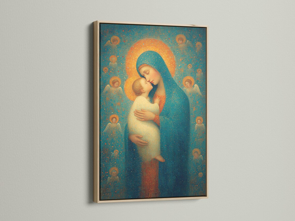 Religious painting of a haloed woman holding a haloed child against a teal and gold speckled background detail view
