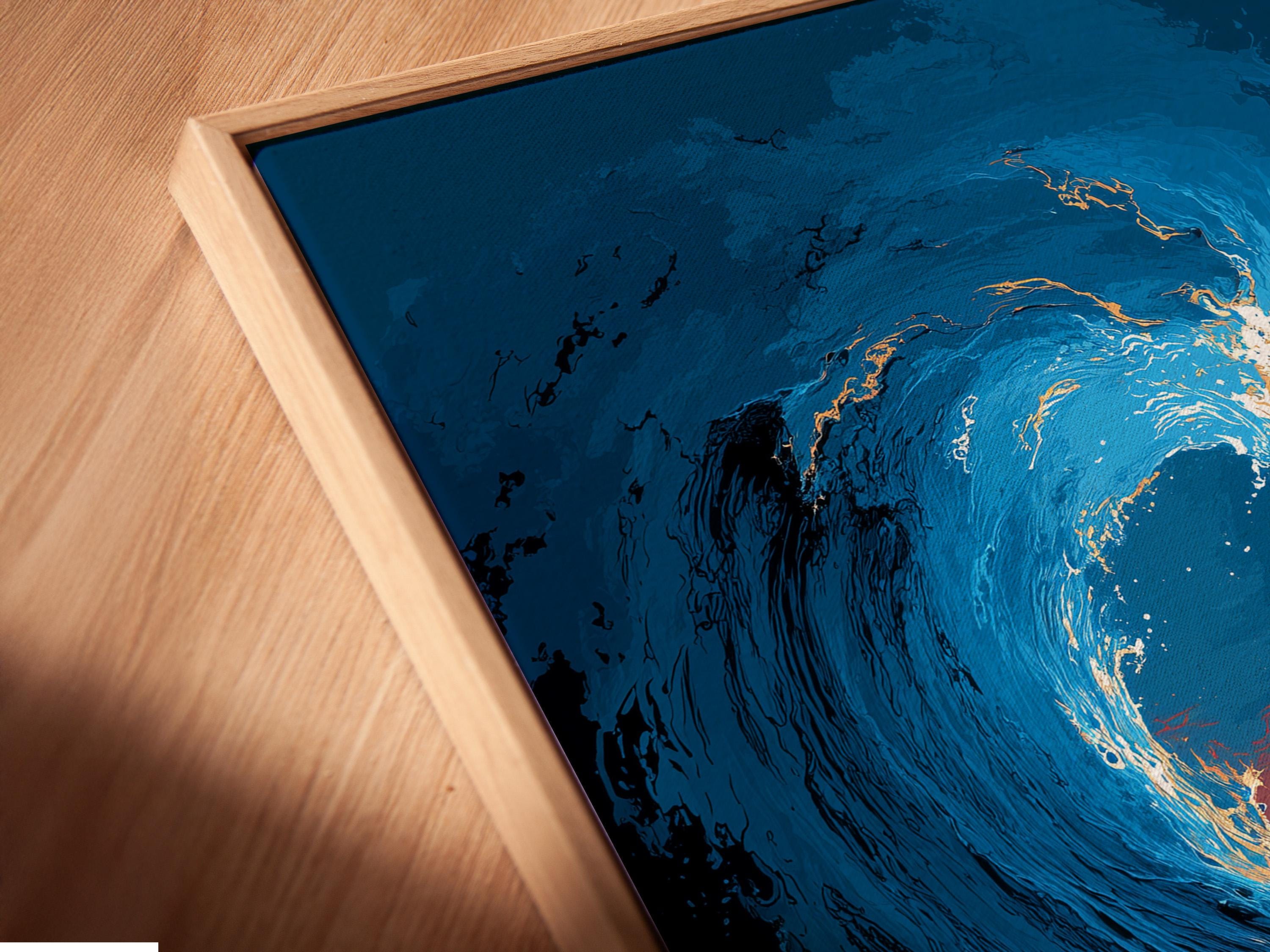 Coastal cityscape artwork in a framed wall mockup showing a large blue wave and skyline