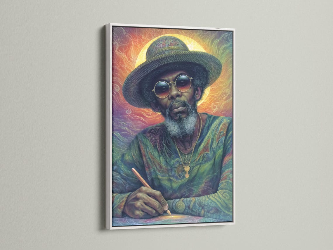 Stylised portrait of a man wearing a wide-brimmed hat and round glasses with a warm glowing halo background detail view
