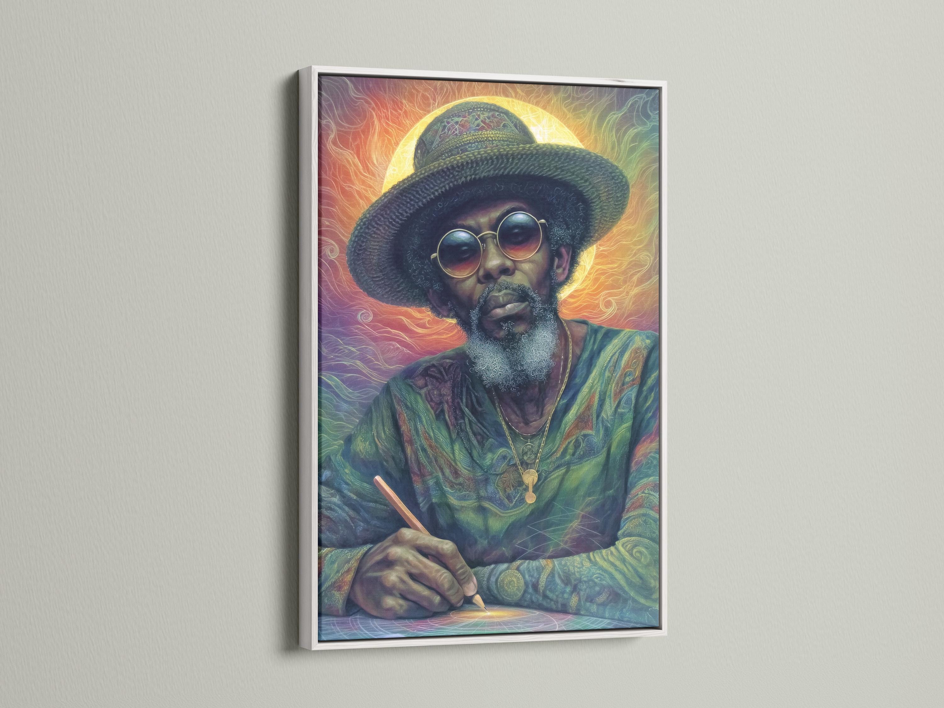 Stylised portrait of a man wearing a wide-brimmed hat and round glasses with a warm glowing halo background detail view