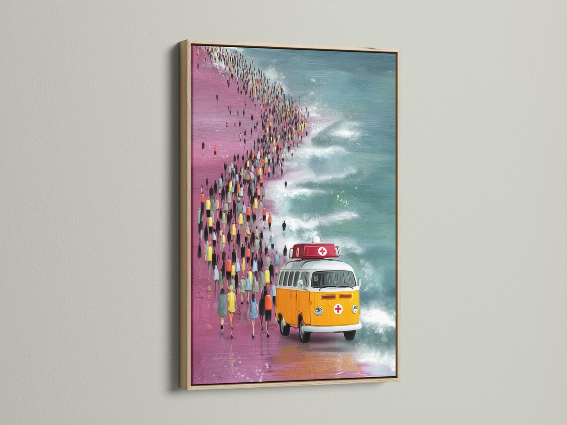 Retro beach rain scene with a yellow bus, a red emergency van and teal sea waves detail view
