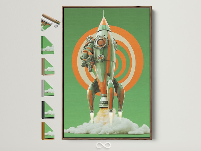 Retro space rocket with astronaut, mint green background and orange concentric rays