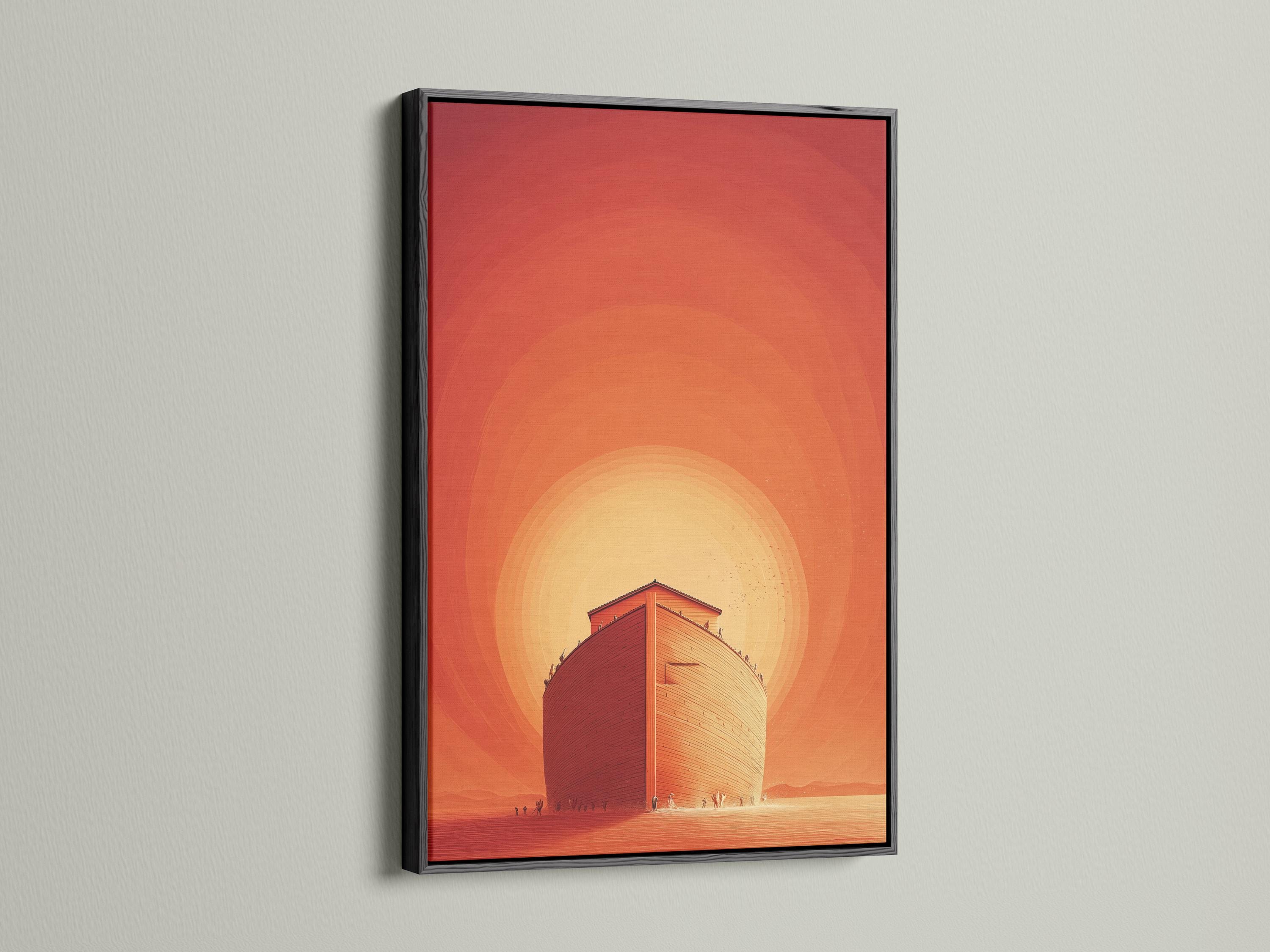 Ark-like vessel in a warm orange sunset scene with a glowing sun halo detail view
