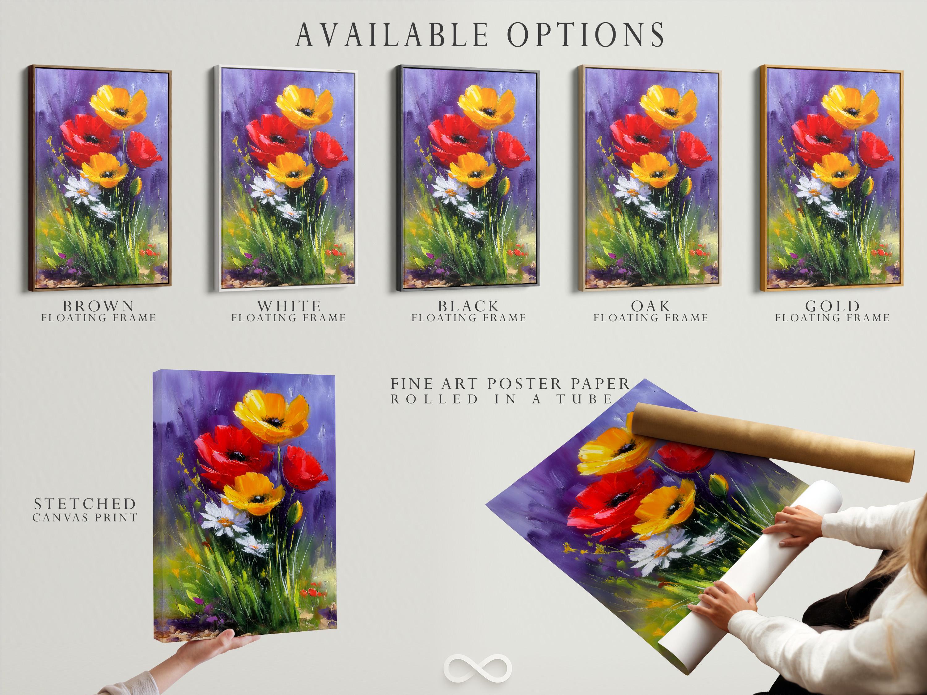 A painterly floral scene shows bold red and yellow poppy-like flowers rising from green stems against a purple background detail view